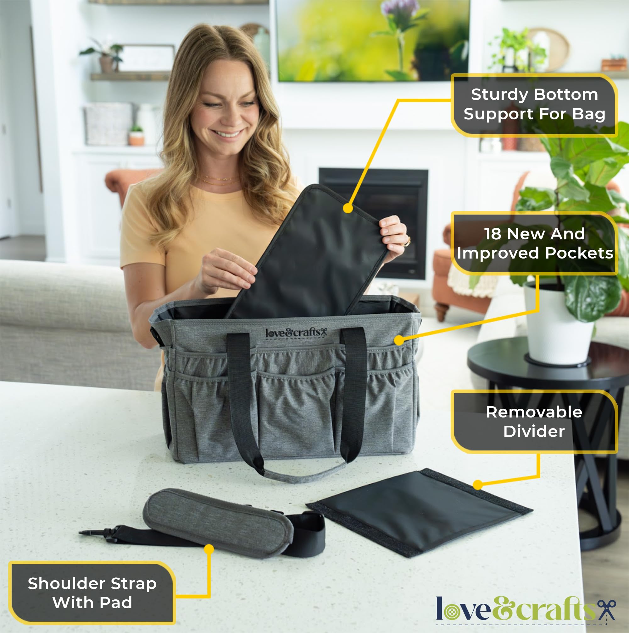 Large Craft Organizer Tote Bag - 16 x 7.9 x 9.5 Art Supply Organizer with Elastic Side Pockets for Markers - Durable Storage Tote with Handle & Removable Divider (Grey) - Perfect for Artists, Teachers & DIY Craft Projects at Home, School or Studio