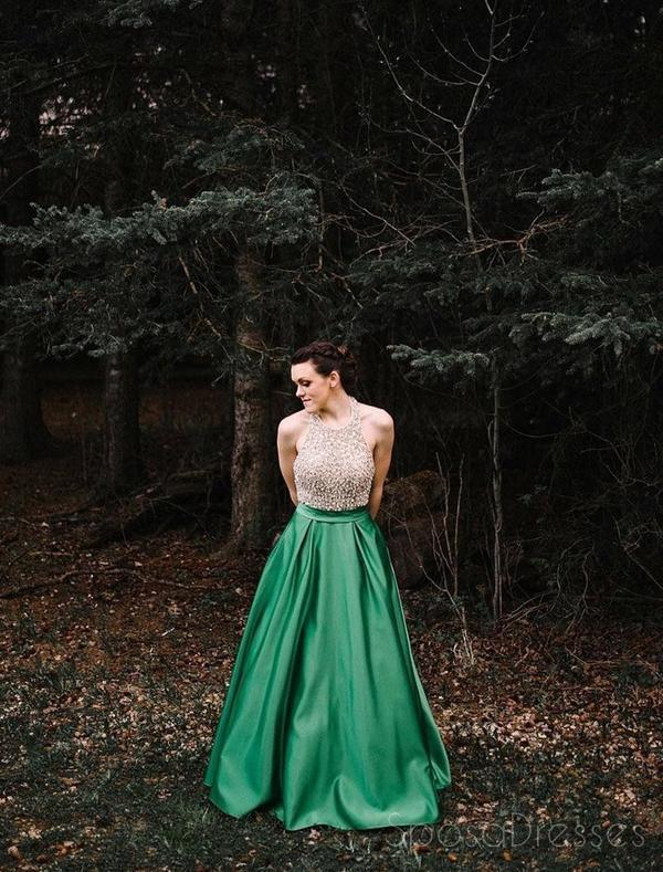 Elegant Beaded Green A-Line Halter Long Evening Prom Dress for Sweet 16 | Formal Gown for Homecoming, Wedding Guest & Special Occasions