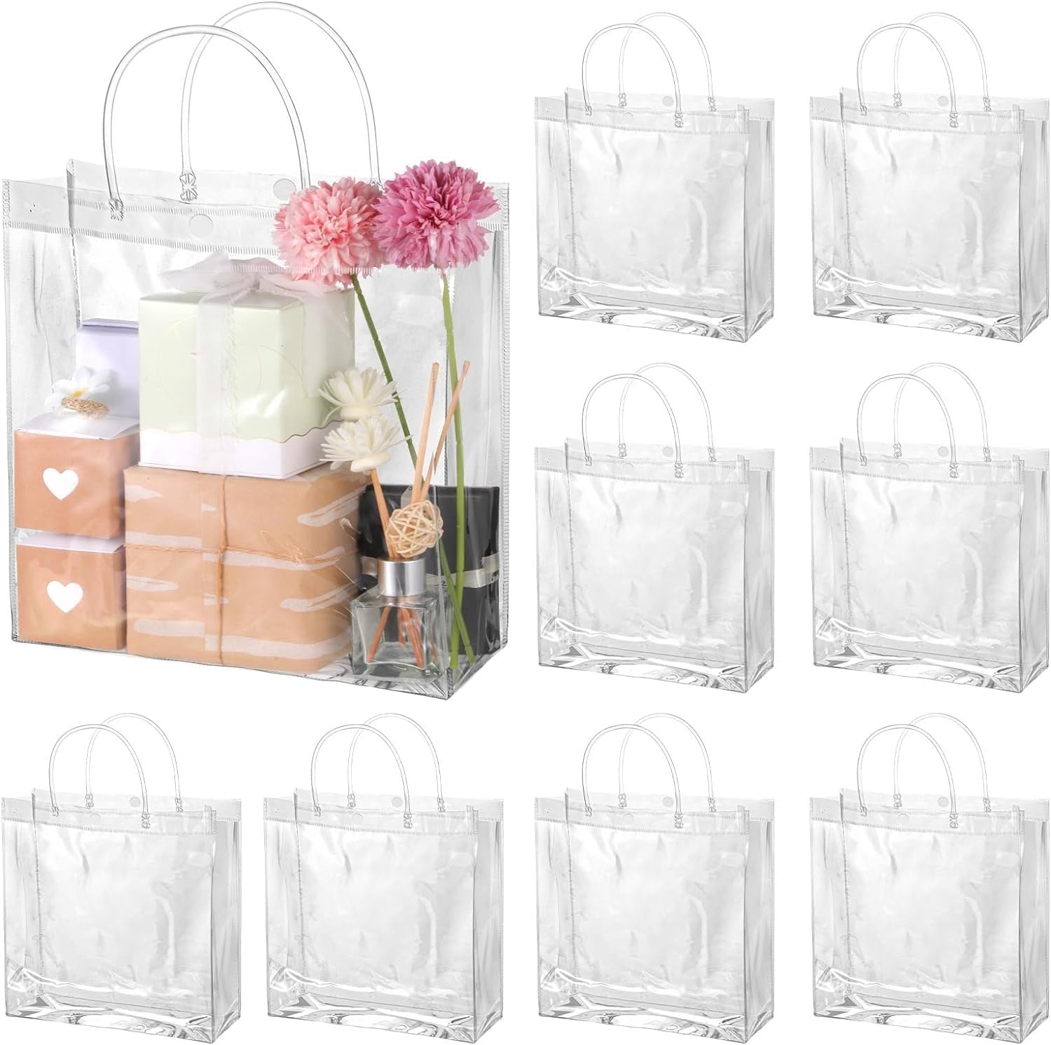 SATYAM KRAFT 6-Pack Clear Plastic Gift Bags with Handles - 25.5cm Height, Medium Size for Valentine's Day, Weddings, Birthdays, Parties & Festive Gifting | Perfect for Party Favors, Shopping Bags, Wedding Return Gifts & Holiday Presents