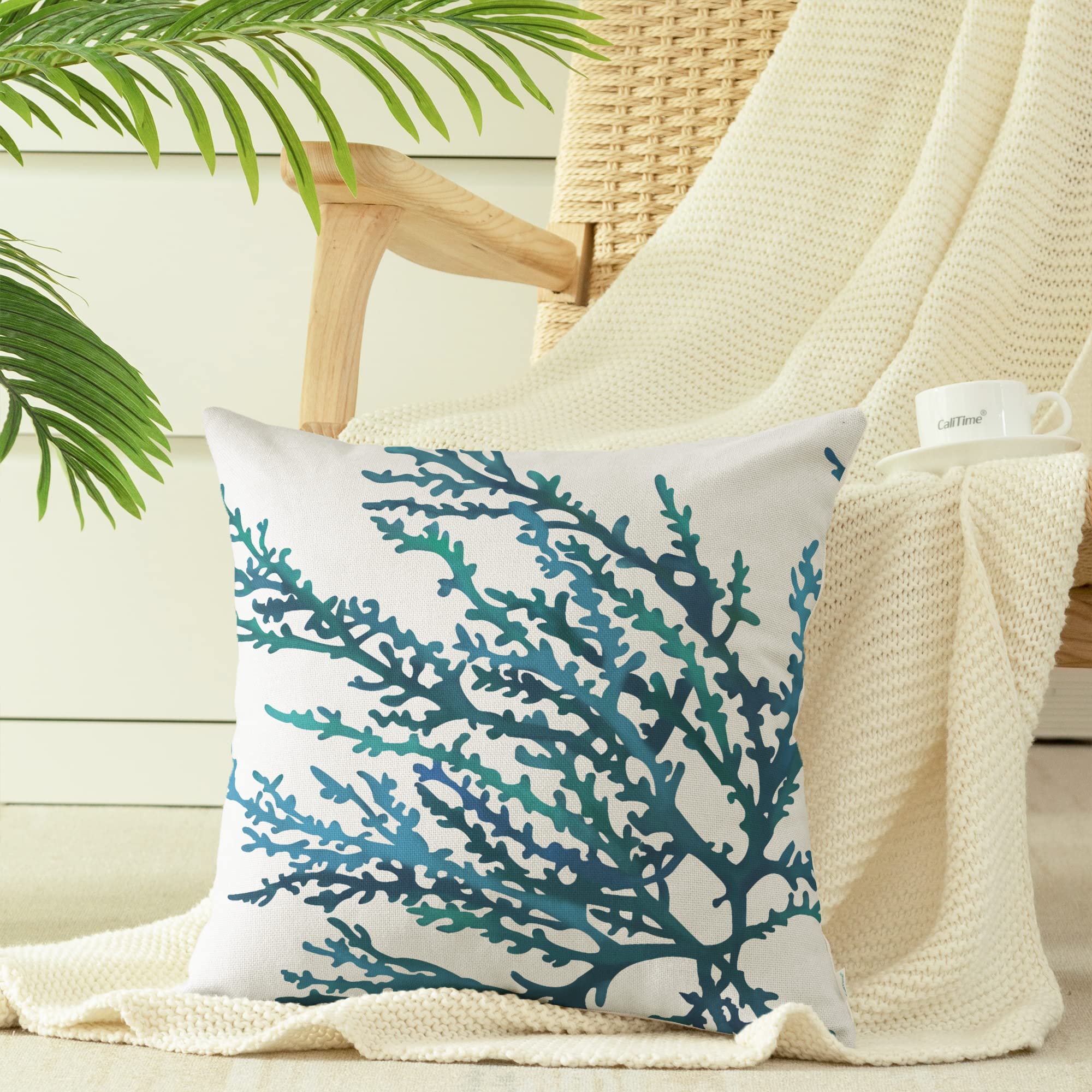 20x20 Inch Aquarelle Painting Print Canvas Throw Pillow Cover - Sea Coral Tree Blue Teal Design for Couch, Sofa & Home Decor | Perfect for Living Room, Bedroom & Coastal Style Interior