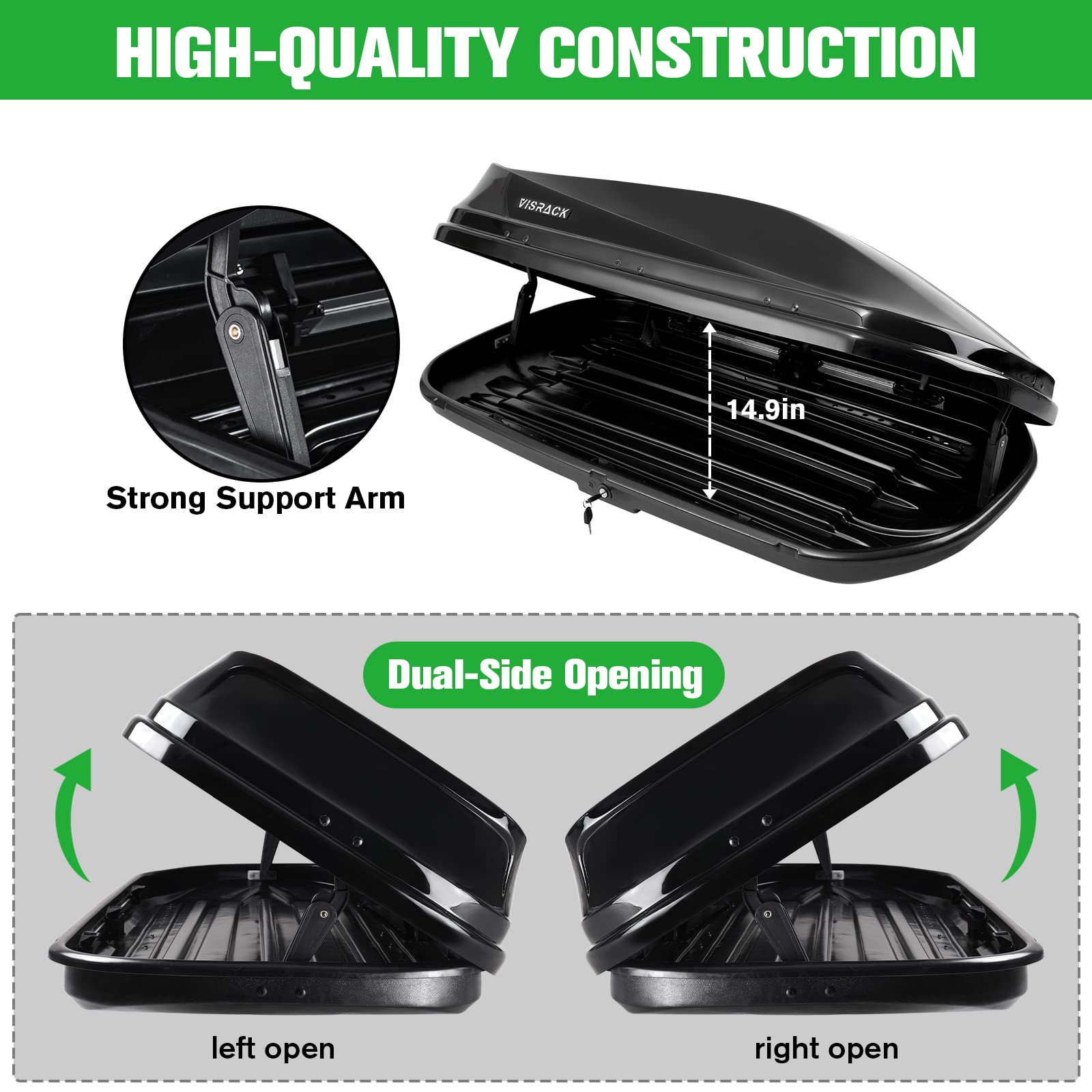 Hard-Shell Rooftop Cargo Box - Weatherproof & Lockable Roof Storage (130 LBS Capacity, 14 Cu Ft) with Dual Side Openings | Universal Fit for Roof Racks | Tool-Free Installation | Perfect for Road Trips, Camping Gear & Luggage Storage (Black)