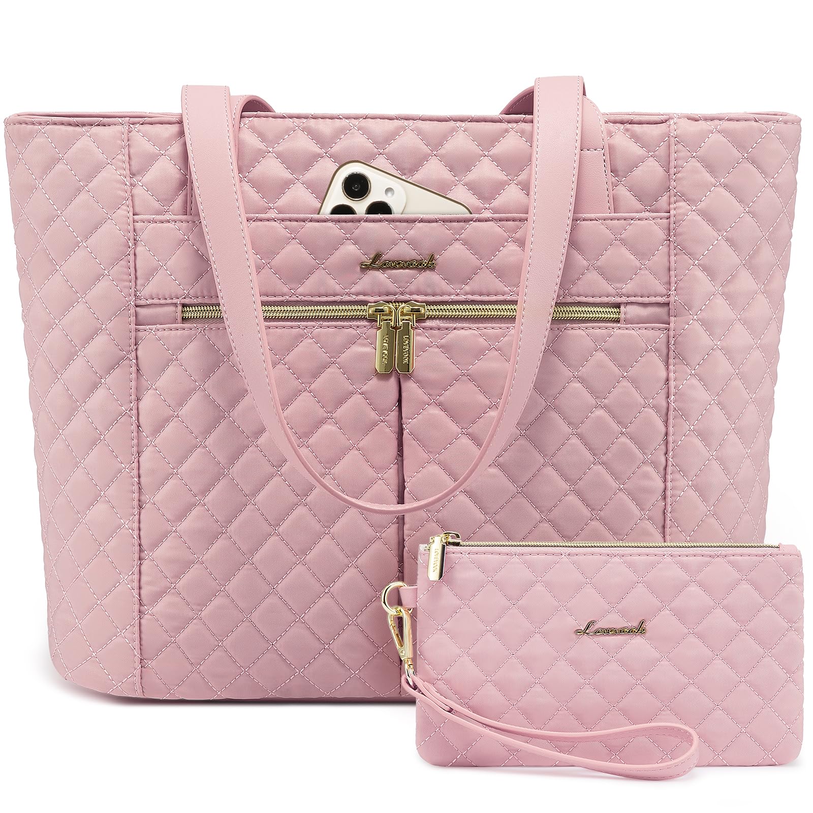 LOVEVOOK 17 Inch Diamond Quilted Laptop Tote Bag for Women - Stylish Work & Travel Computer Shoulder Bag, Briefcase Handbag with Clutch Purse (Pink) - Perfect for Office, Business Meetings & Daily Commute