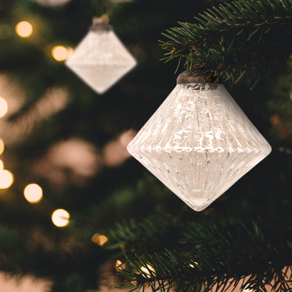 3 Pack Silver Adele Mercury Glass Diamond Ornaments - Elegant Christmas Tree Decorations for Holiday Home Decor, Party & Gift Giving