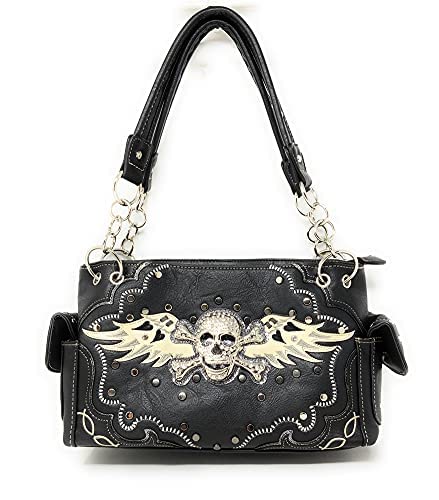 Texas West Women's Embroidered Metal Skull With Wings Purse Handbag and Wallet Set - Gothic Boho Fashion Accessories for Concerts, Parties & Everyday Use