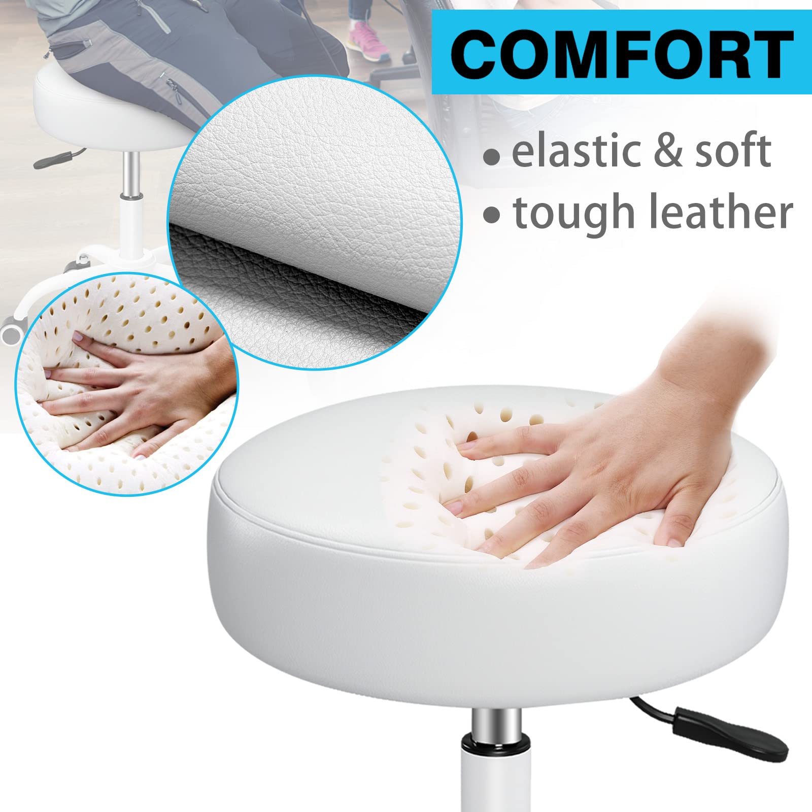 SALONFACTORY Heavy Duty Rolling Stool with Wheels - Adjustable 360° Swivel Lash Chair for Tattoo, Massage, Nail Salon & Spa - Leather Upholstery with Thick Seat Padding - Perfect for Beauty Professionals & Drafting Work