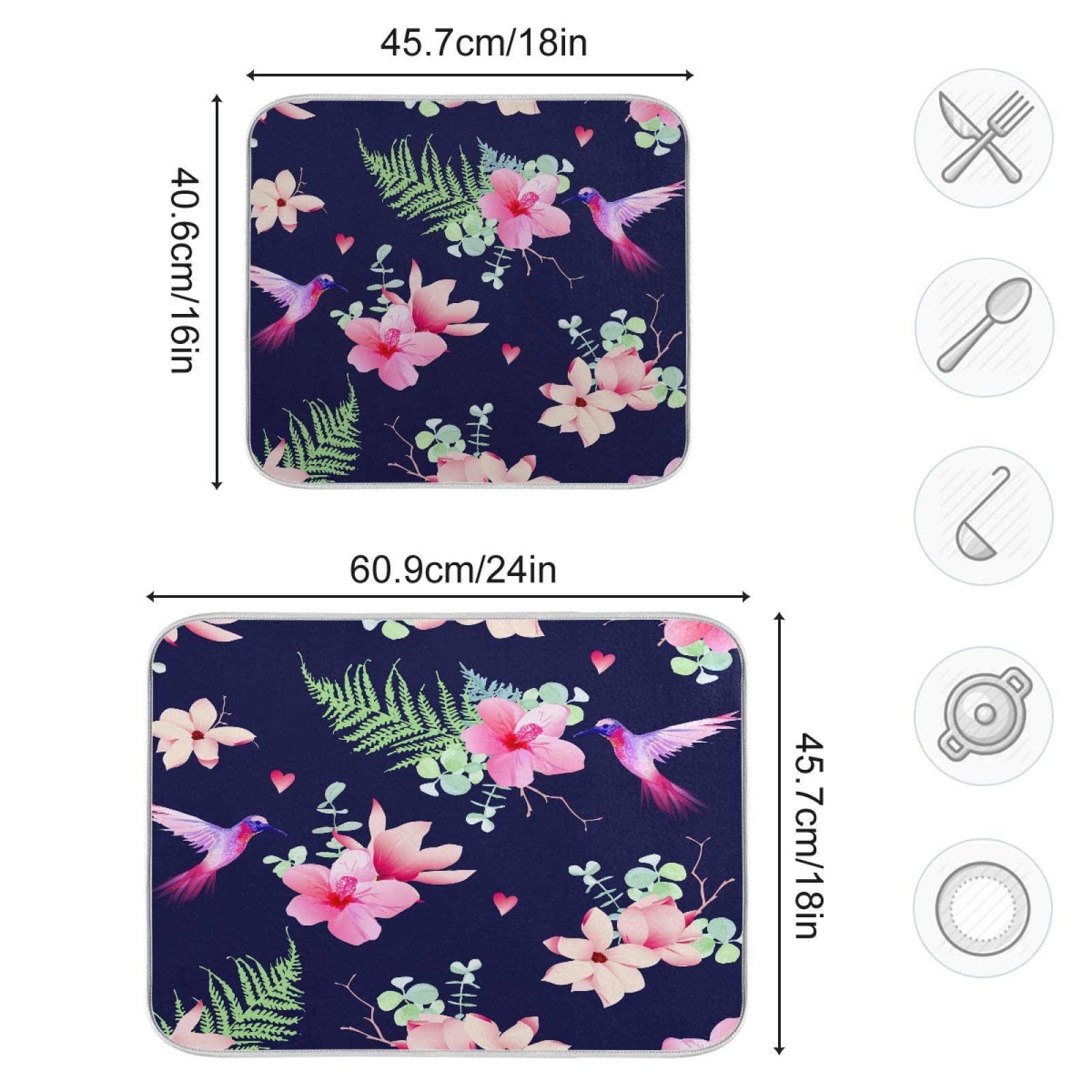 Premium Polyester Dish Drying Mat with Hummingbird Design - 24