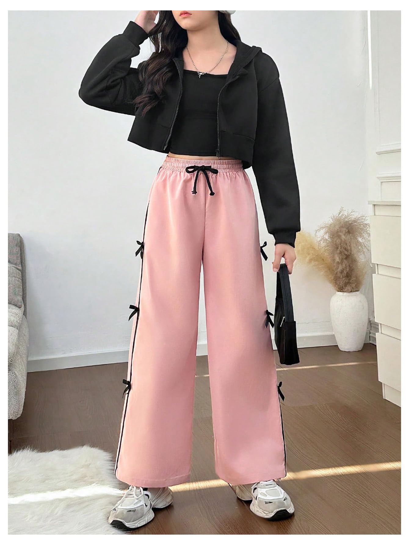 WDIRARA Girls' High Waist Bow Side Track Pants - Cute Wide Leg Athletic Joggers for School, Sports & Casual Wear - Black Comfortable Lounge Pants for Teens & Kids