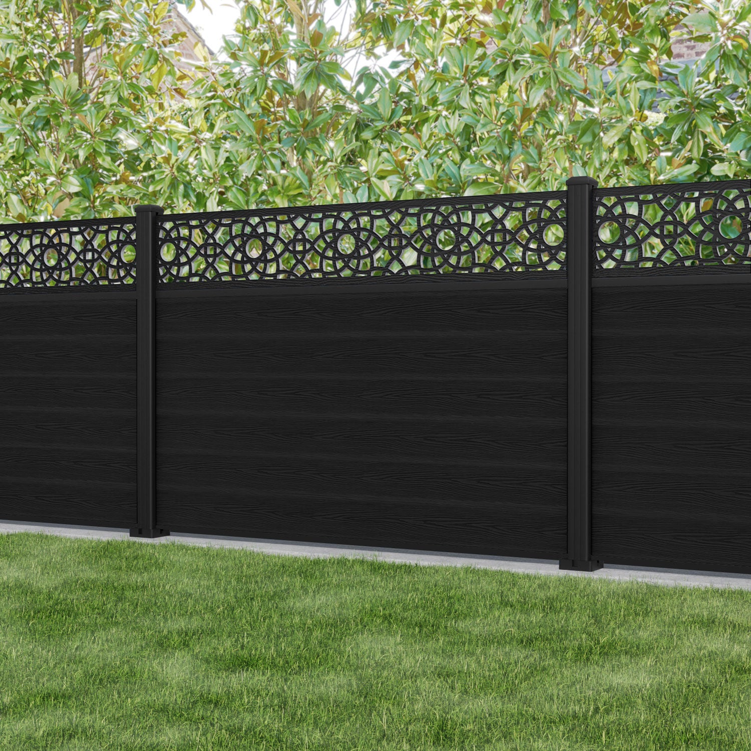 Classic Black Ambar Fence Panel with Aluminum Posts - Durable Privacy Fencing for Backyard, Garden, and Pool Areas