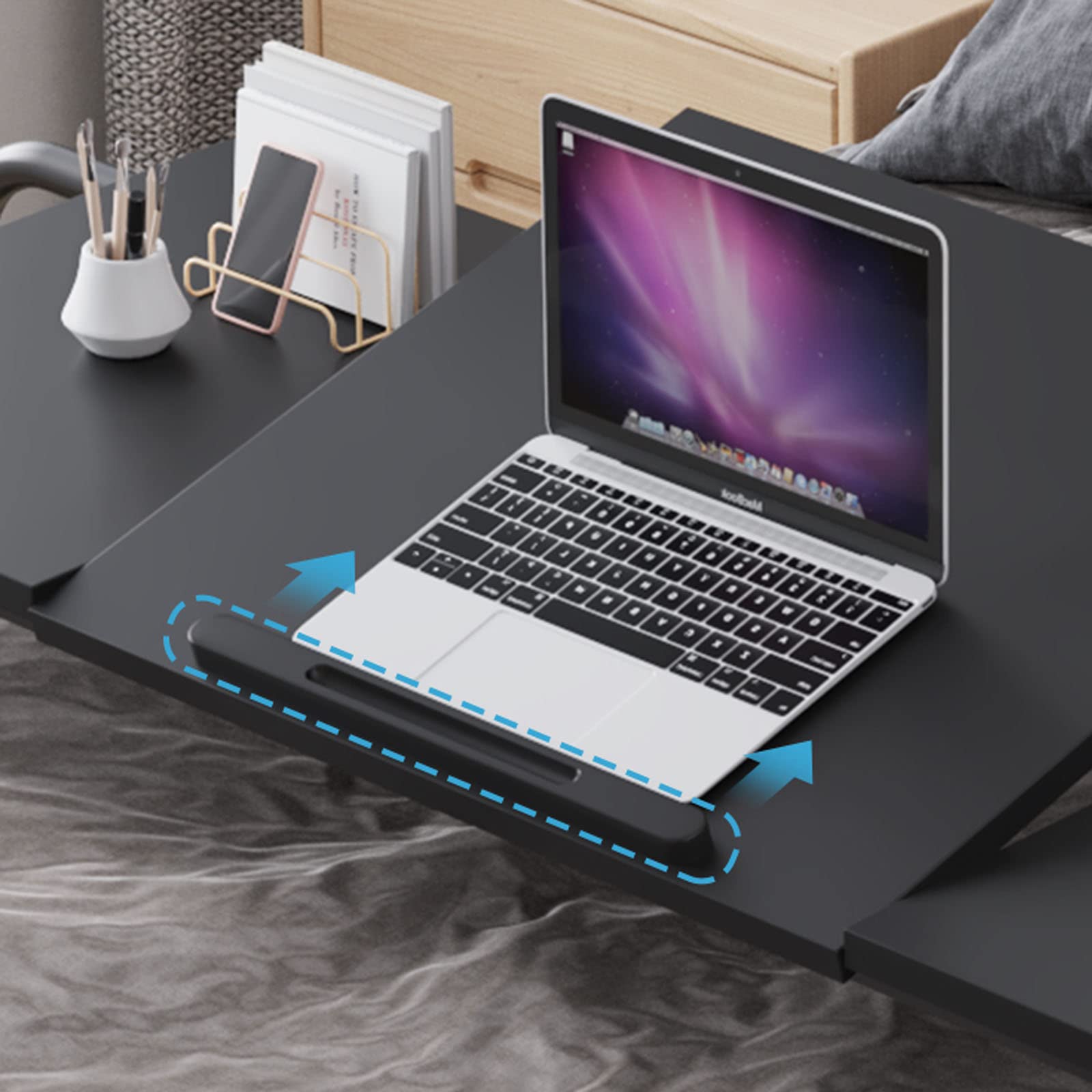Cross-Bed Stretchable Adjustable Laptop Desk with Wheels - Portable Mobile Couch Snack Table, Multi-Functional Bedside Workstation for Home Office, Gaming, and Study