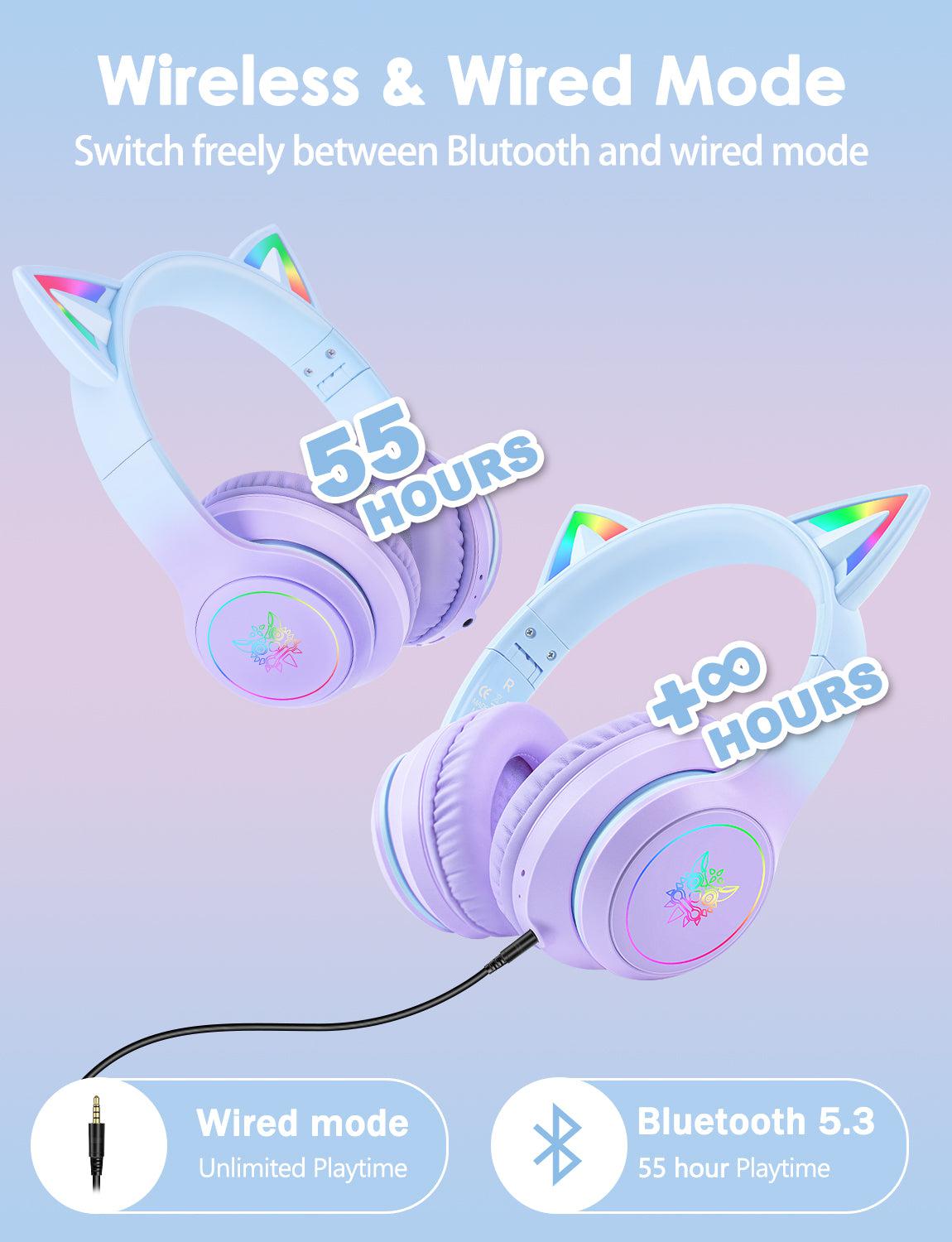 Onikuma B90 RGB Cat Ear Bluetooth 5.0 Wireless Gaming Headset with Microphone - Lightweight Over-Ear Headphones for PC, PS4, Xbox, Mobile Gaming - Perfect for Streaming, Esports & Late-Night Gaming Sessions