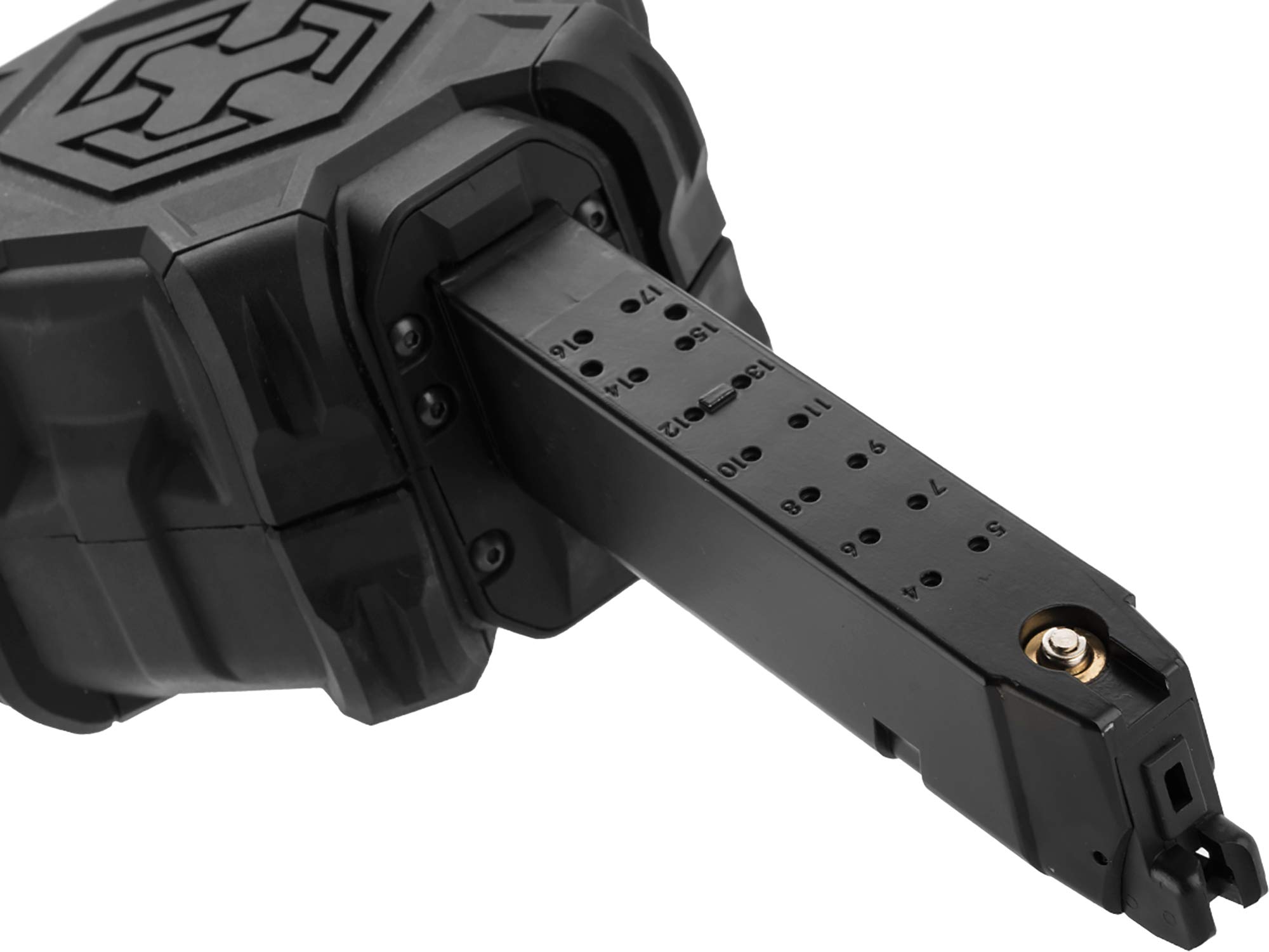 AW Custom Drum Airsoft Magazine for Gas Blowback Pistols & Rifles - Compatible with SAI BLU/Elite Force G Models (Black) - High-Capacity Airsoft Accessory for Tactical Games & Training
