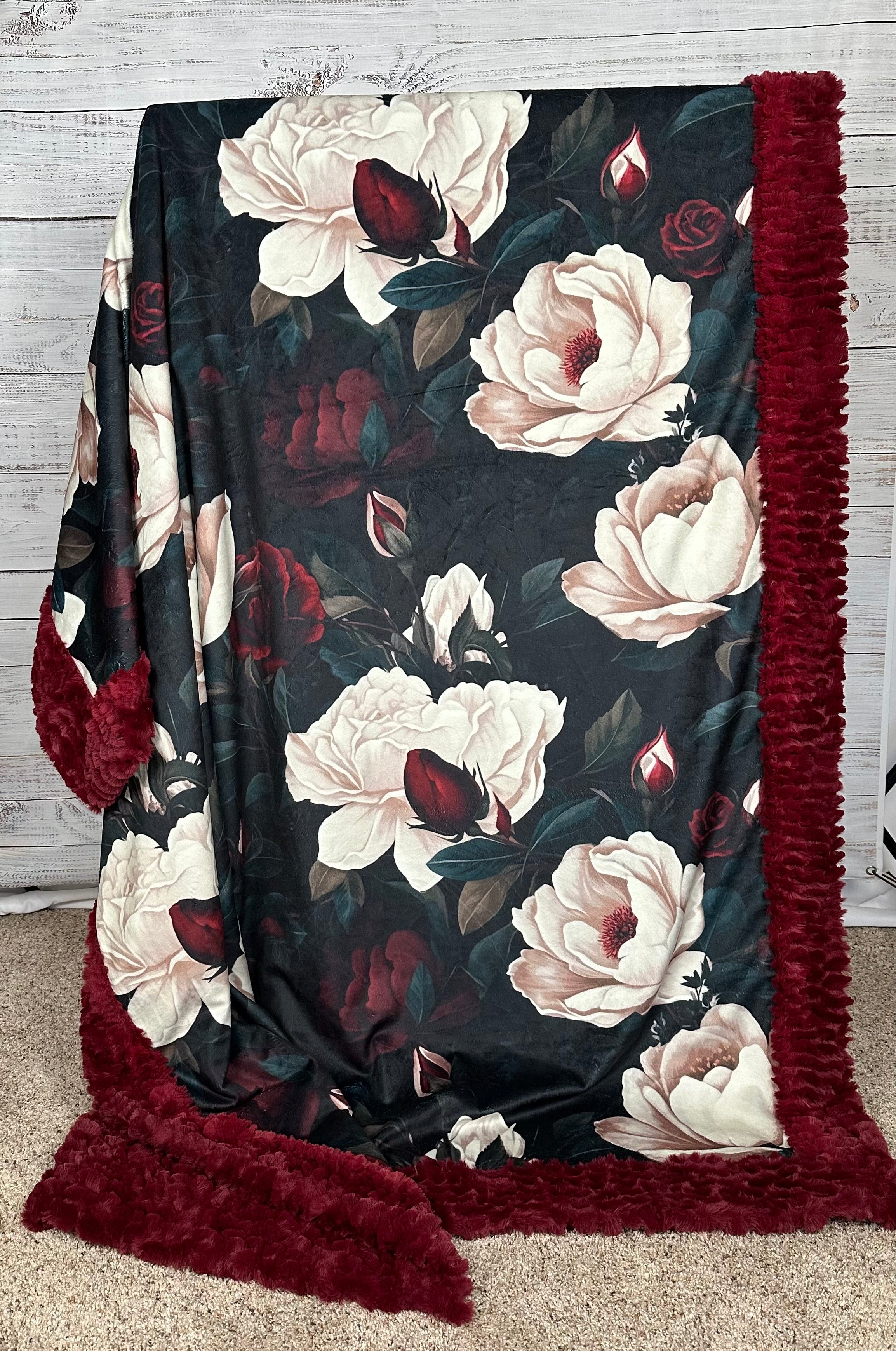 Gothic Rose on Merlot Luxury Large 55x79 Inch Minky Blanket - Ultra Soft & Durable Spoonflower Fabric - Perfect for Bedroom Decor, Cozy Sofa Throw, and Gift Giving