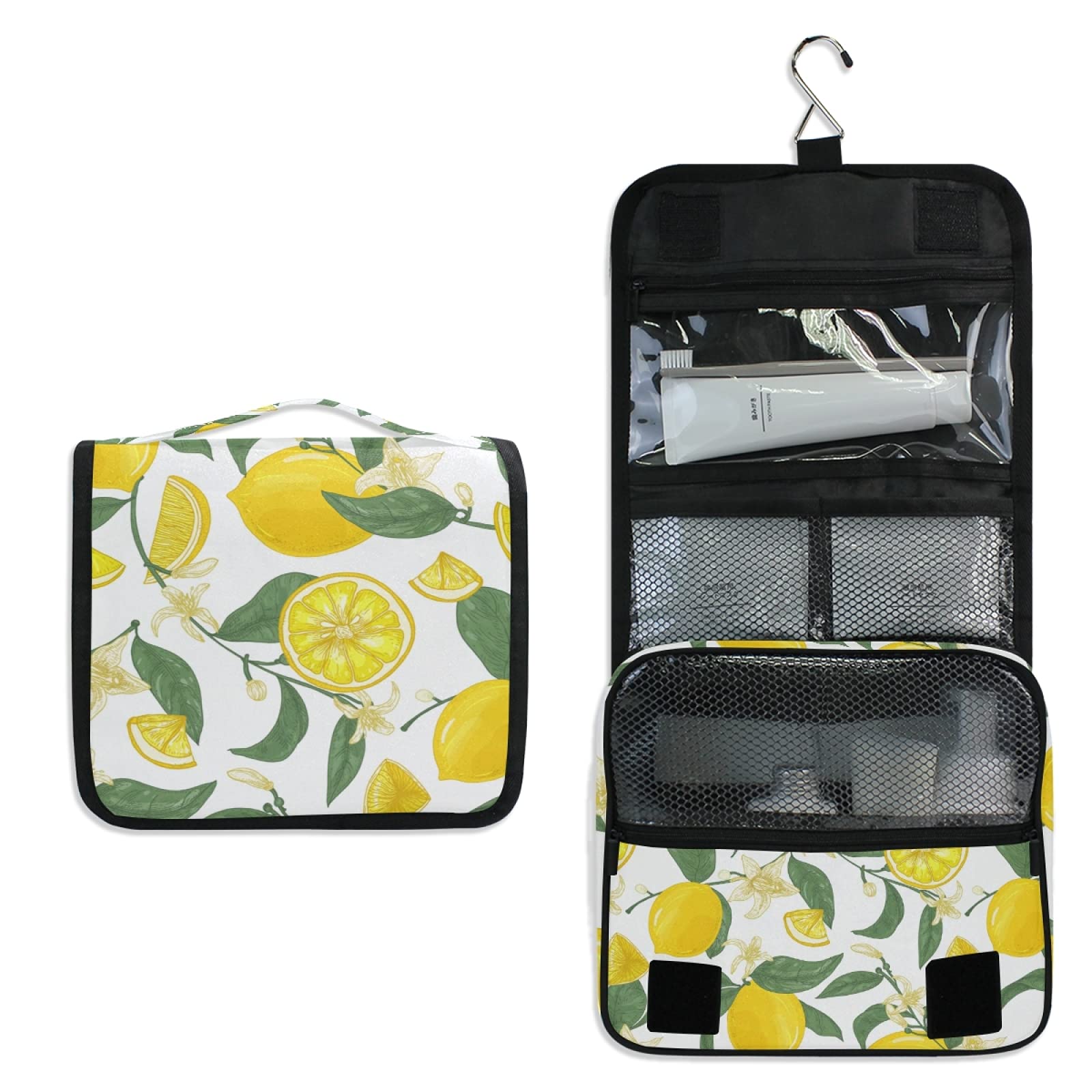 ALAZA Yellow Lemon Citrus Fruit Hanging Toiletry Bag for Women - Large Capacity Waterproof Travel Cosmetic Bag with Hook, Perfect for Bathroom Storage & Makeup Organizer | Ideal for Travel, Gym, and Home Use