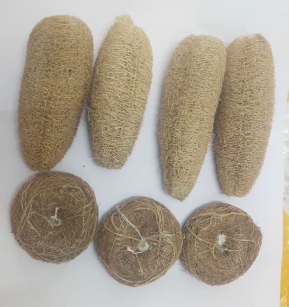 VVOS® Natural Loofah Sponge Body Scrubber Set - 4pc Vetiver & Coconut Fiber Exfoliating Bath Sponges + 3pc Pure Vetiver Root Scrubbers for Soft Skin | Eco-Friendly Shower Exfoliator for Spa, Home & Travel Use