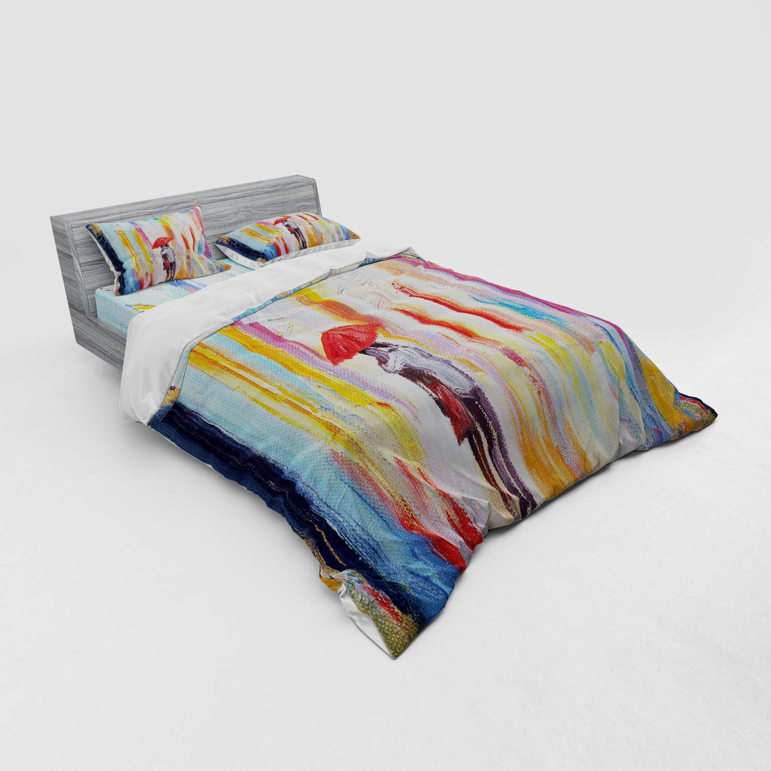 Ambesonne Urban Bedding Set - Romantic Rainy Day Couple Silhouette Design, 4-Piece Duvet Cover Set with Shams & Fitted Sheet, Queen Size, Multicolor - Perfect for Cozy Bedrooms & Modern Urban Apartments