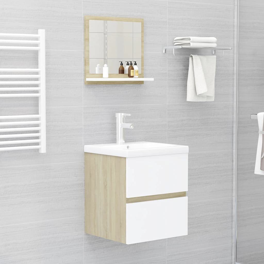 Wall Mounted Acrylic Bathroom Mirror with Open Shelves - White & Sonoma Oak, 15.7