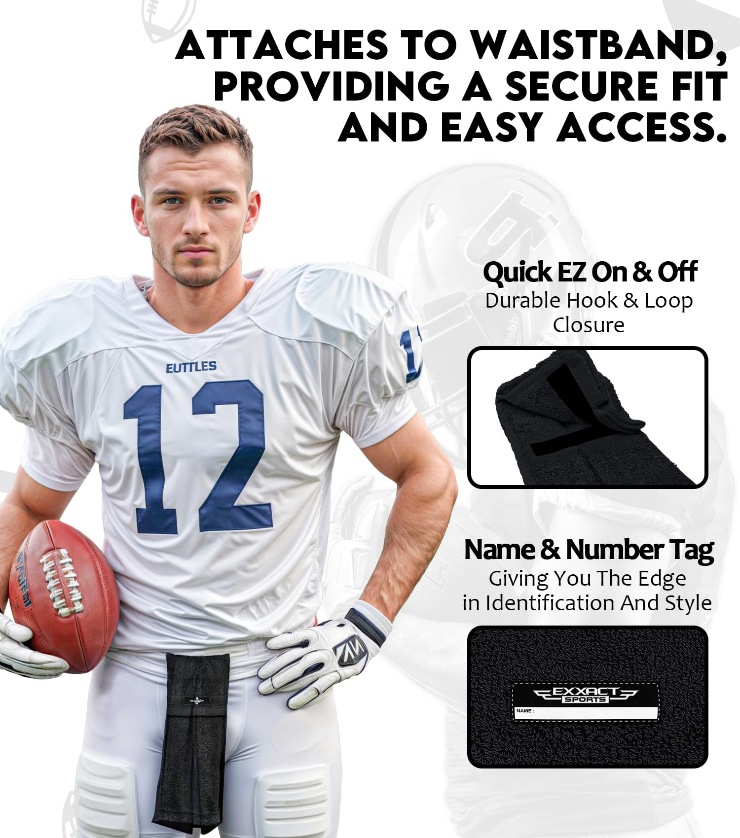 Exxact Sports Black Football Towel with Hook & Loop Fastener - Highly Absorbent Quick-Dry QB Towel for Cleaning Hands, Visor & Gloves - Perfect for Football, Soccer & Outdoor Sports Training
