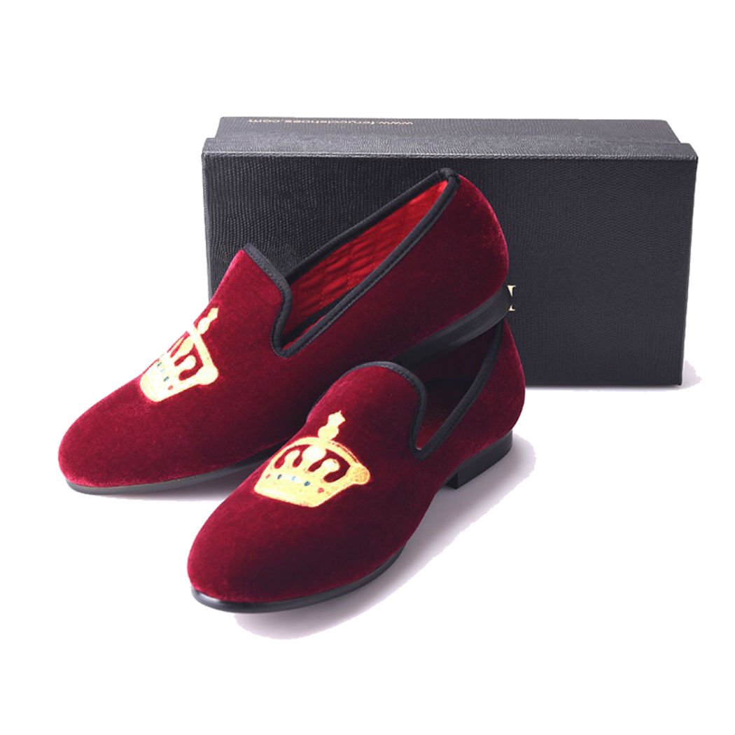 FERUCCI Handmade Burgundy Velvet Men's Loafers with Gold Crown - Luxurious House Slippers for Men, Comfortable Indoor/Outdoor Slippers for Relaxation & Lounging