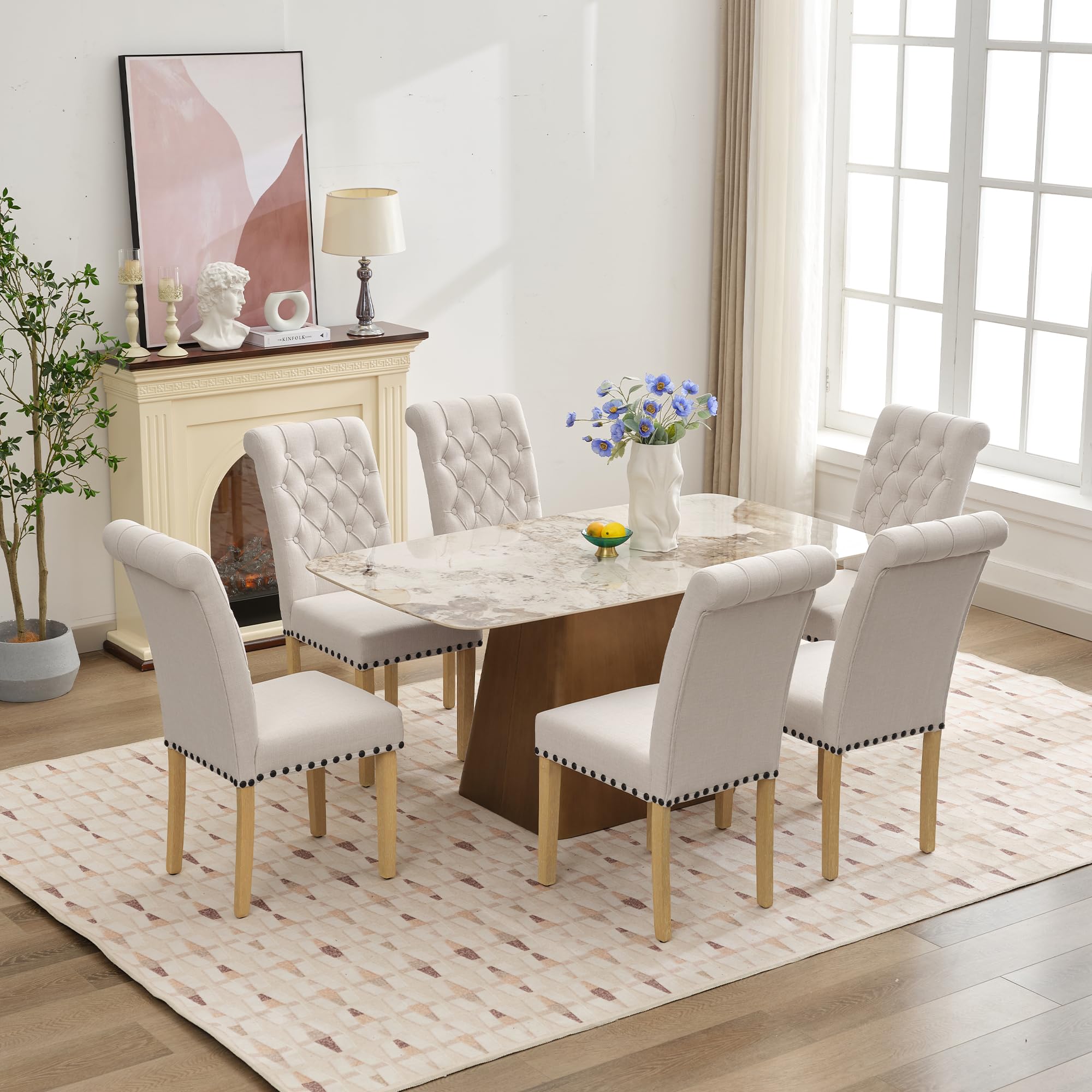 Modern Linen Fabric Dining Chairs Set of 2 - Elegant Parson Chairs with Nailhead Trim & Button Tufting, Solid Wood Legs for Dining Room & Living Room - Beige Home Decor for Elegant Entertaining & Cozy Family Gatherings