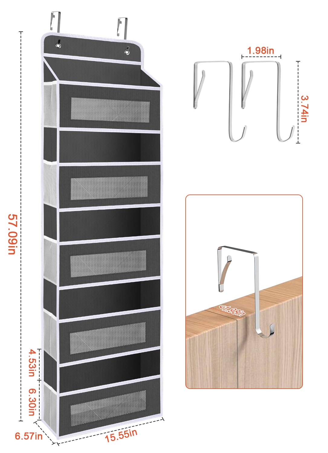 Over The Door Organizer Storage - 5-Shelf Hanging Door Organizer with 10 Large Pockets, Holds 48 lbs, Anti-Tilt Design for Bedroom, Bathroom & Pantry (Dark Gray, 2-Pack) - Perfect for Organizing Shoes, Toys, Towels & Cleaning Supplies