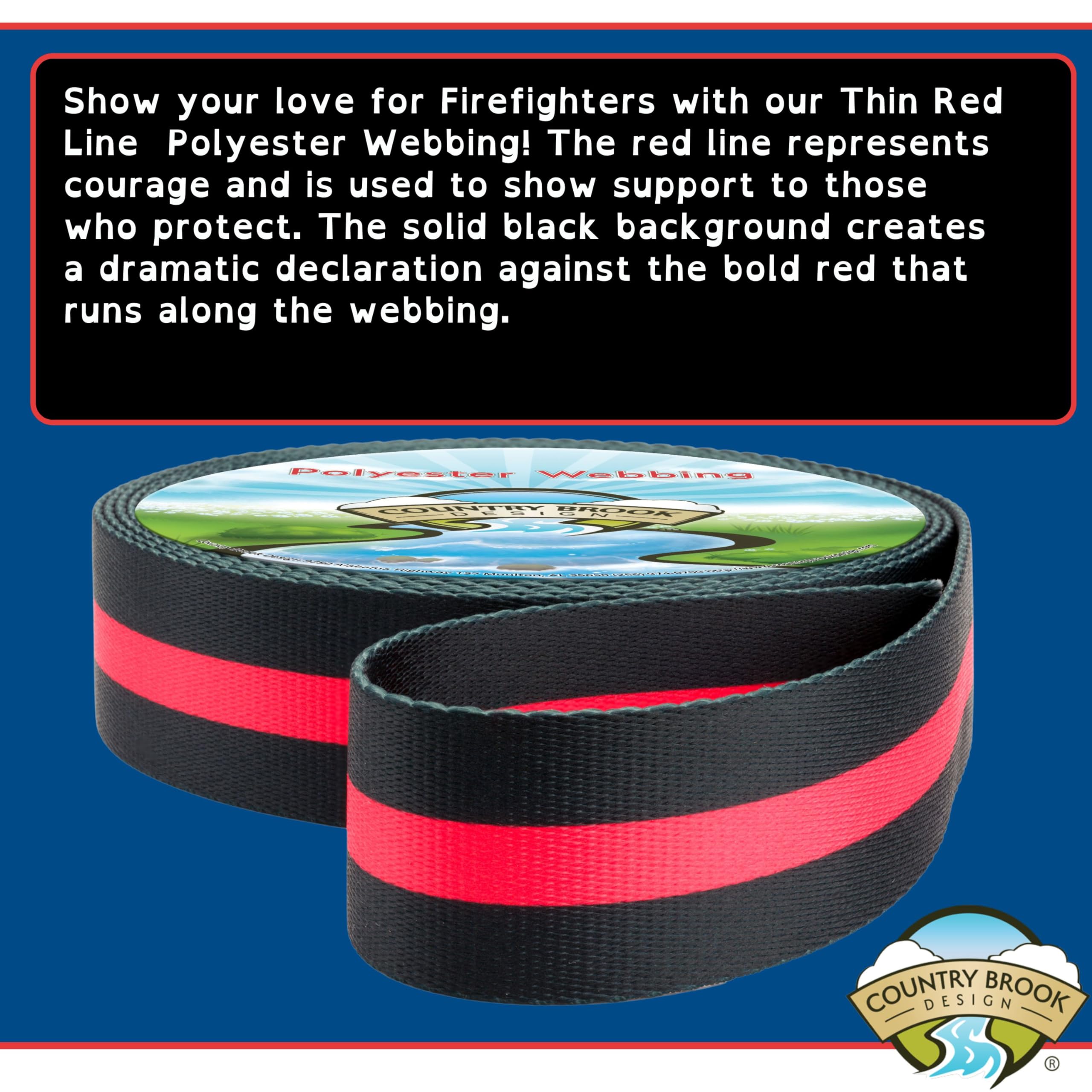 Country Brook Design - Thin Red Line Polyester Webbing for Firefighter Support, First Responder Gear & Patriotic Accessories | Durable, Lightweight & Versatile for Bags, Keychains & DIY Projects
