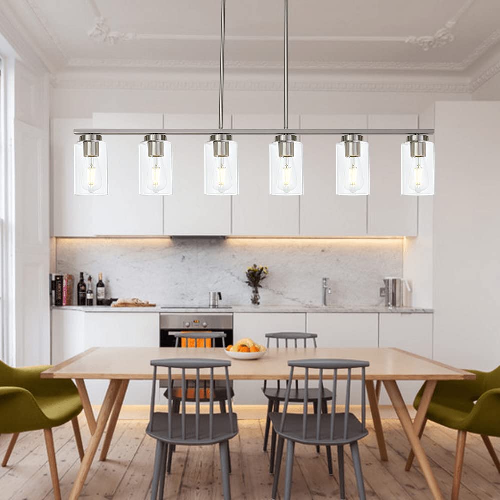 Modern 6-Light Linear Pendant Light Fixture with Clear Glass Shades - Brushed Nickel Finish for Kitchen Island, Dining Room, Pool Table & Bar Counter Lighting