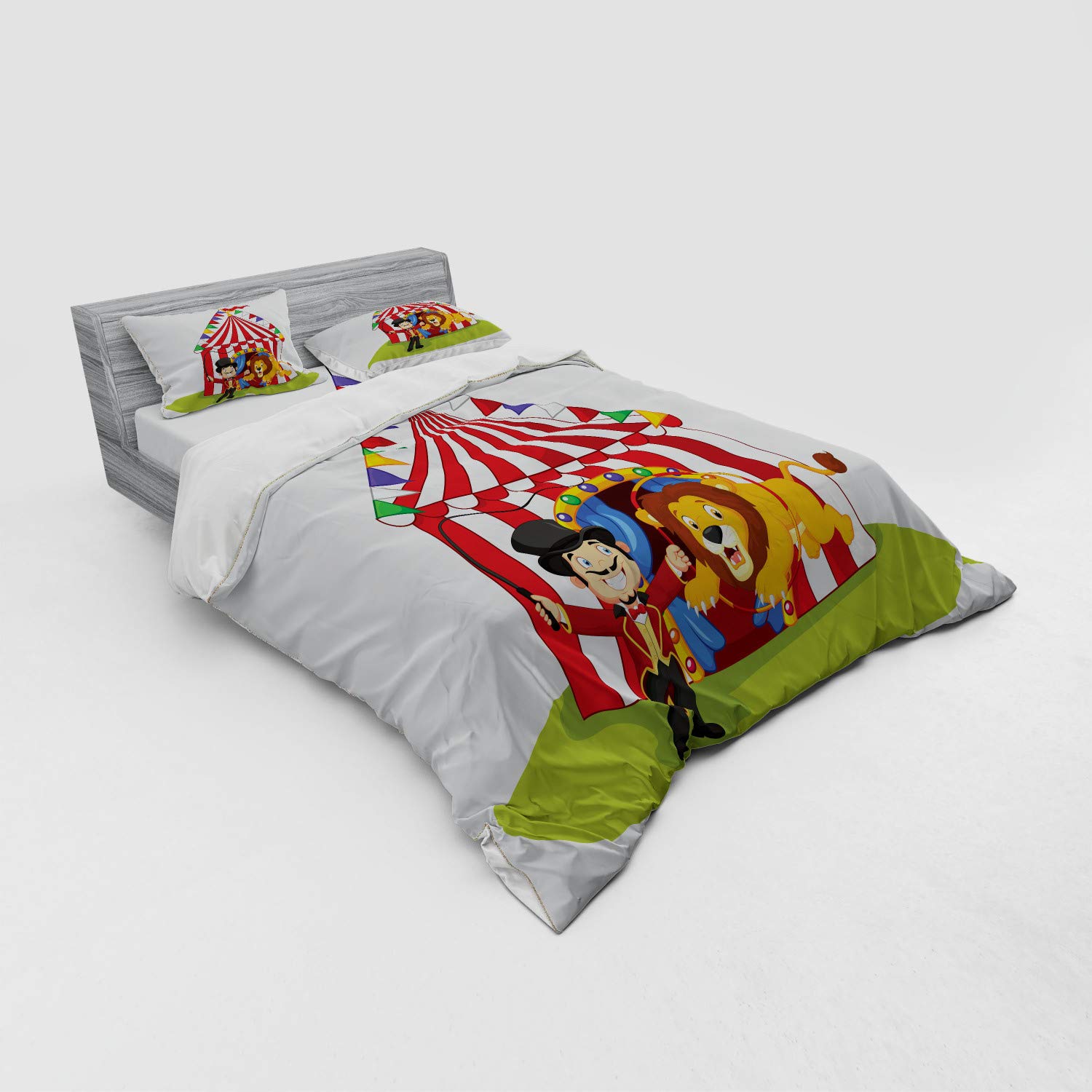 Ambesonne Circus Duvet Cover Set - Queen Size 4-Piece Bedding with Cartoon Lion Jumping Through Ring & Circus Tent Design, Includes Shams & Fitted Sheet, Multicolor - Perfect for Kids' Rooms, Themed Bedrooms & Circus Lovers