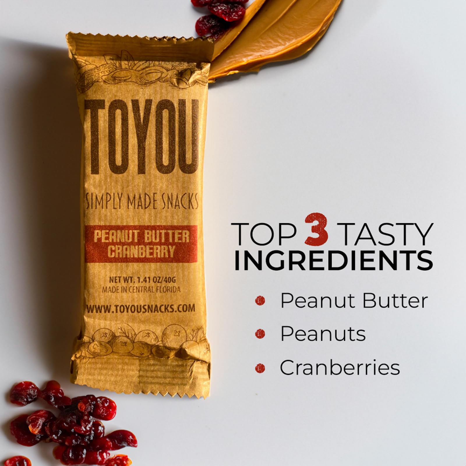 ToYou Granola Bars with Dried Fruit and Nuts - 14 Count, Gluten Free, High Protein Snack Bars for Adults & Kids - Peanut Butter Cranberry Flavor - Perfect for Breakfast, Office Snacks, Hiking & Travel