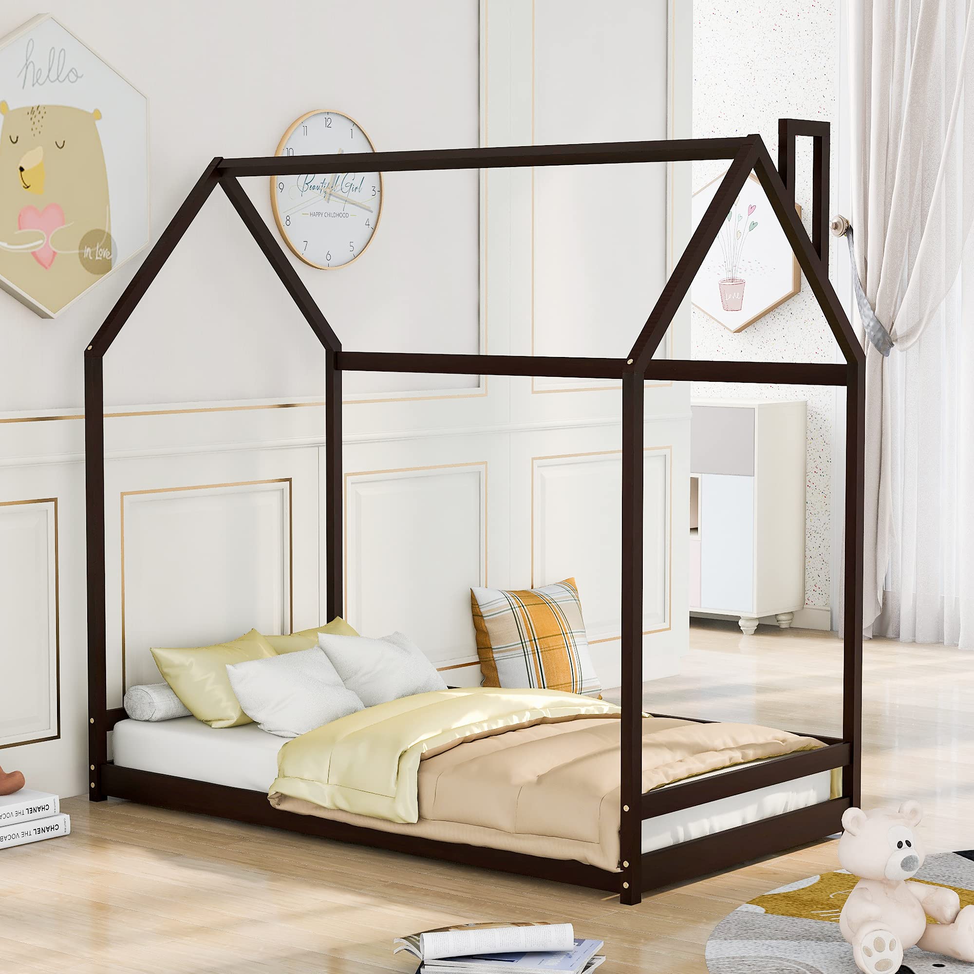 LZ LEISURE ZONE Twin House Bed Frame - Solid Wood Kids Bed with Espresso Finish - Perfect for Toddlers & Children's Bedrooms - Playful House Design for Imaginative Play & Cozy Sleep