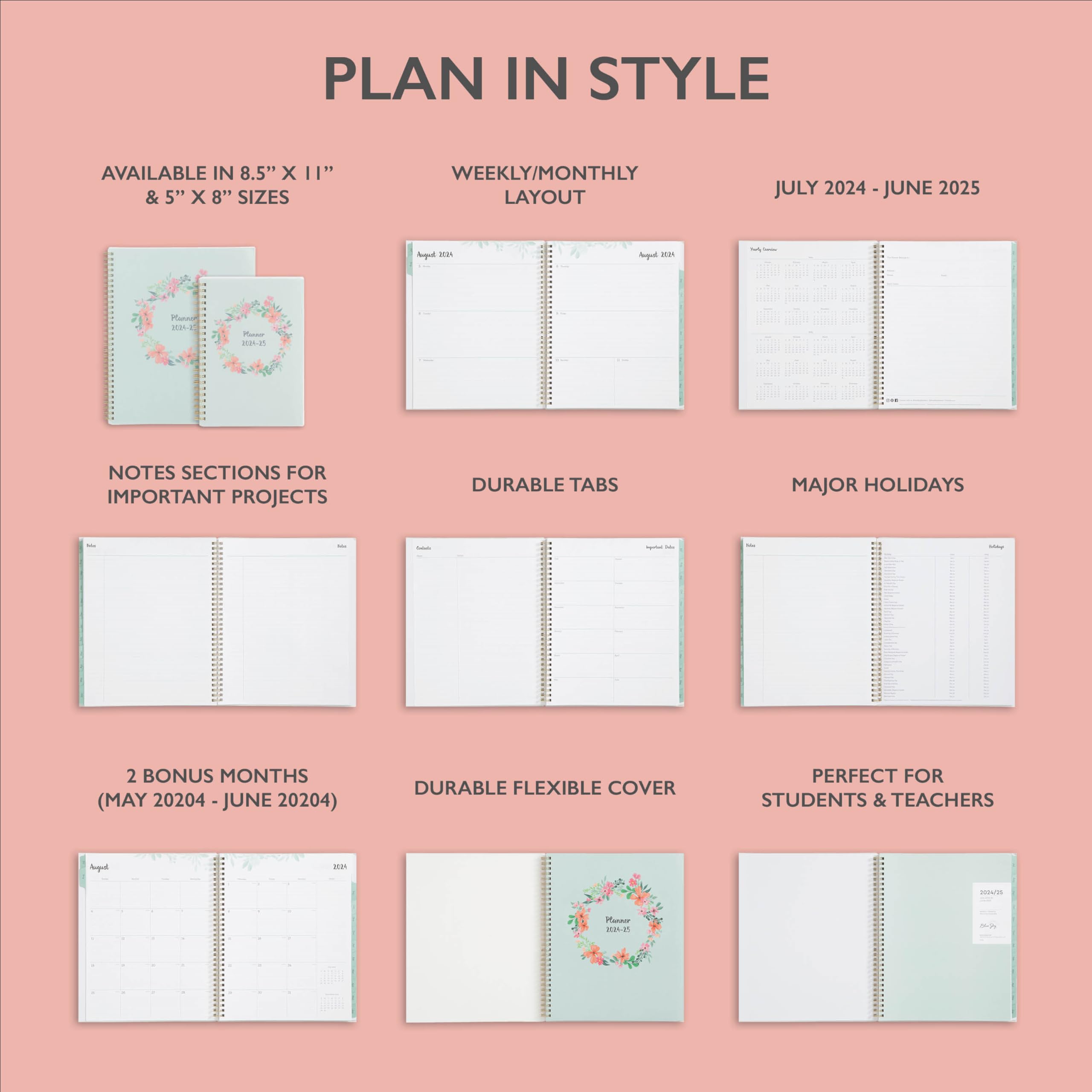 Blue Sky 2024-2025 Academic Planner - Weekly & Monthly Calendar, 8.5