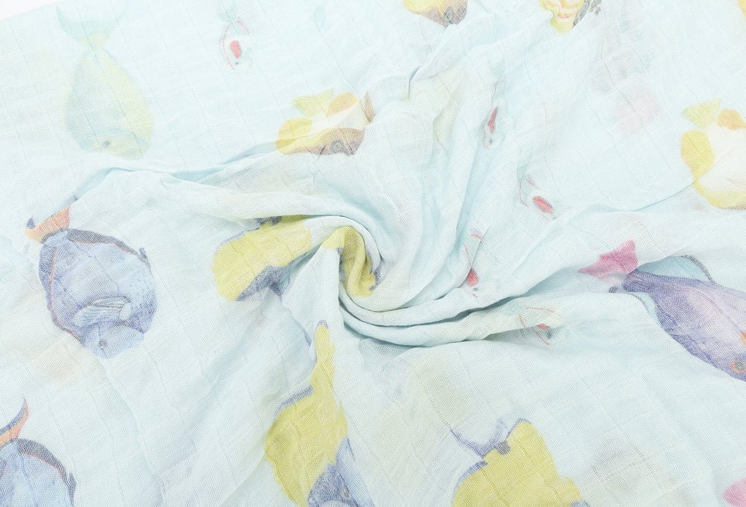 Premium Baby Muslin Swaddle Blanket - Soft & Breathable Fish 'Ohana Blue Design | Perfect for Newborn Swaddling, Nursery, and Gift Giving