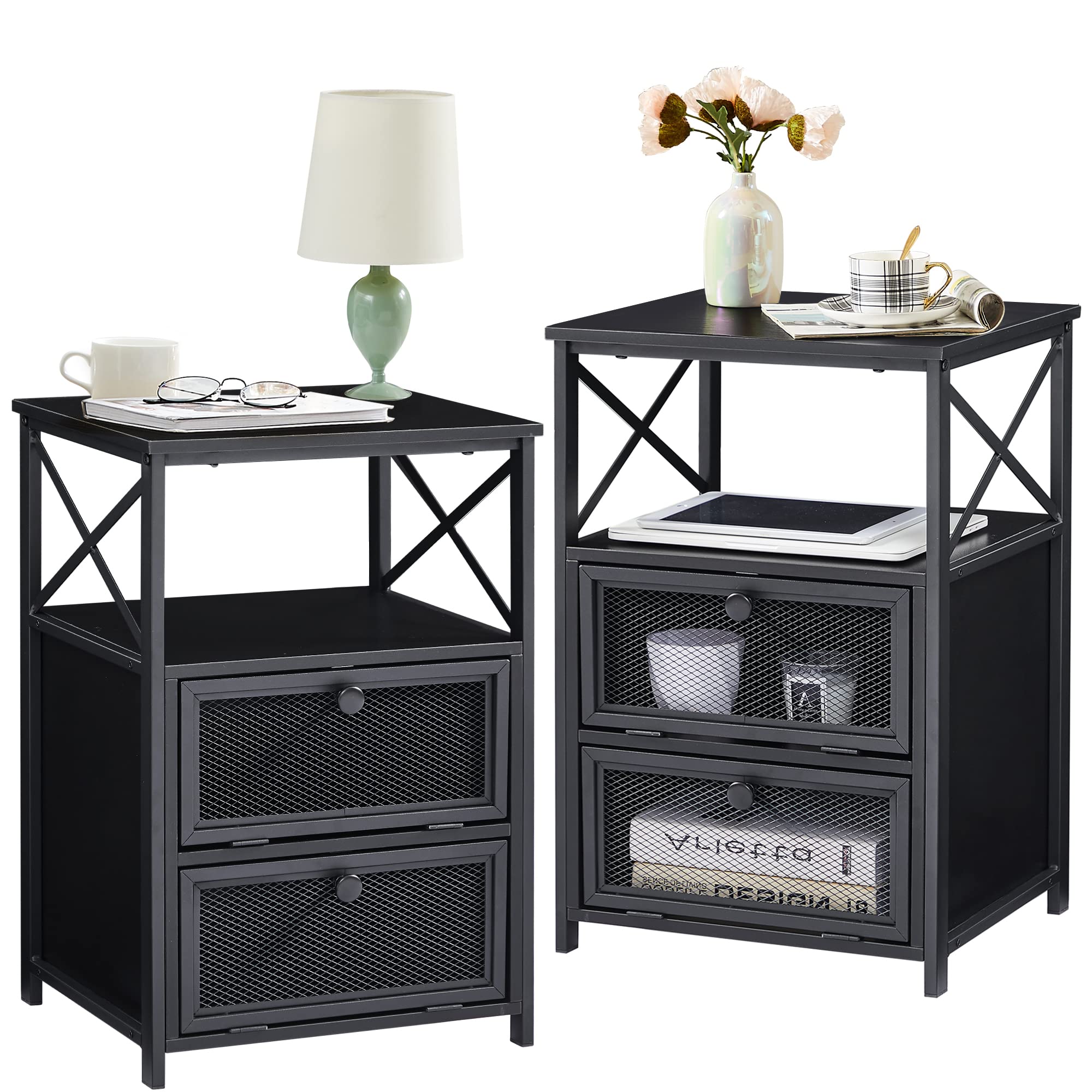 VECELO 2-Piece Modern End Side Table Set with Storage Space & Door - Nightstand for Bedroom, Living Room, Lounge - Antique Black Finish | Perfect for Small Spaces, Apartment Decor & Guest Room Essentials