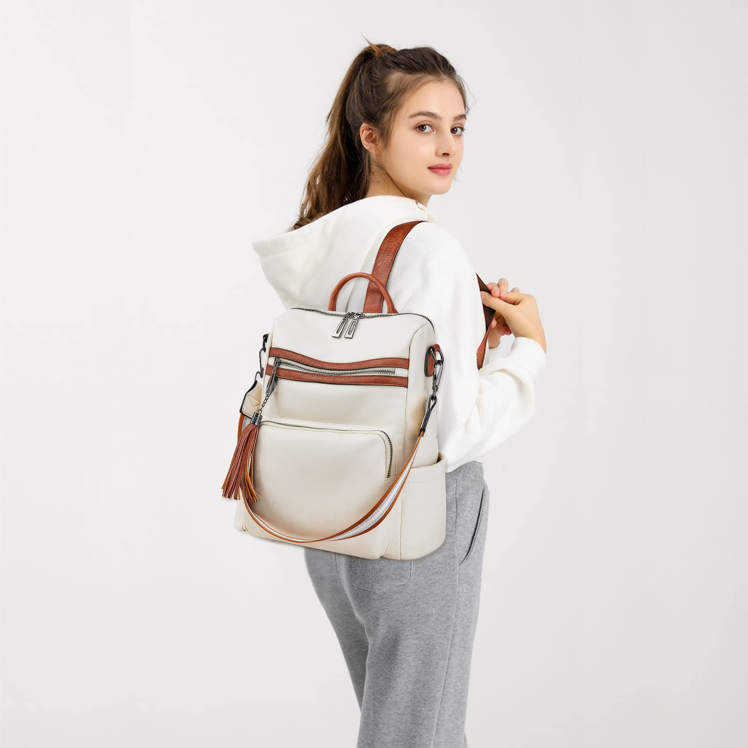 OPAGE Genuine Leather Backpack Purse for Women - Stylish Tassel Shoulder Bag, Large Designer Travel Backpack for Work, School & Daily Use