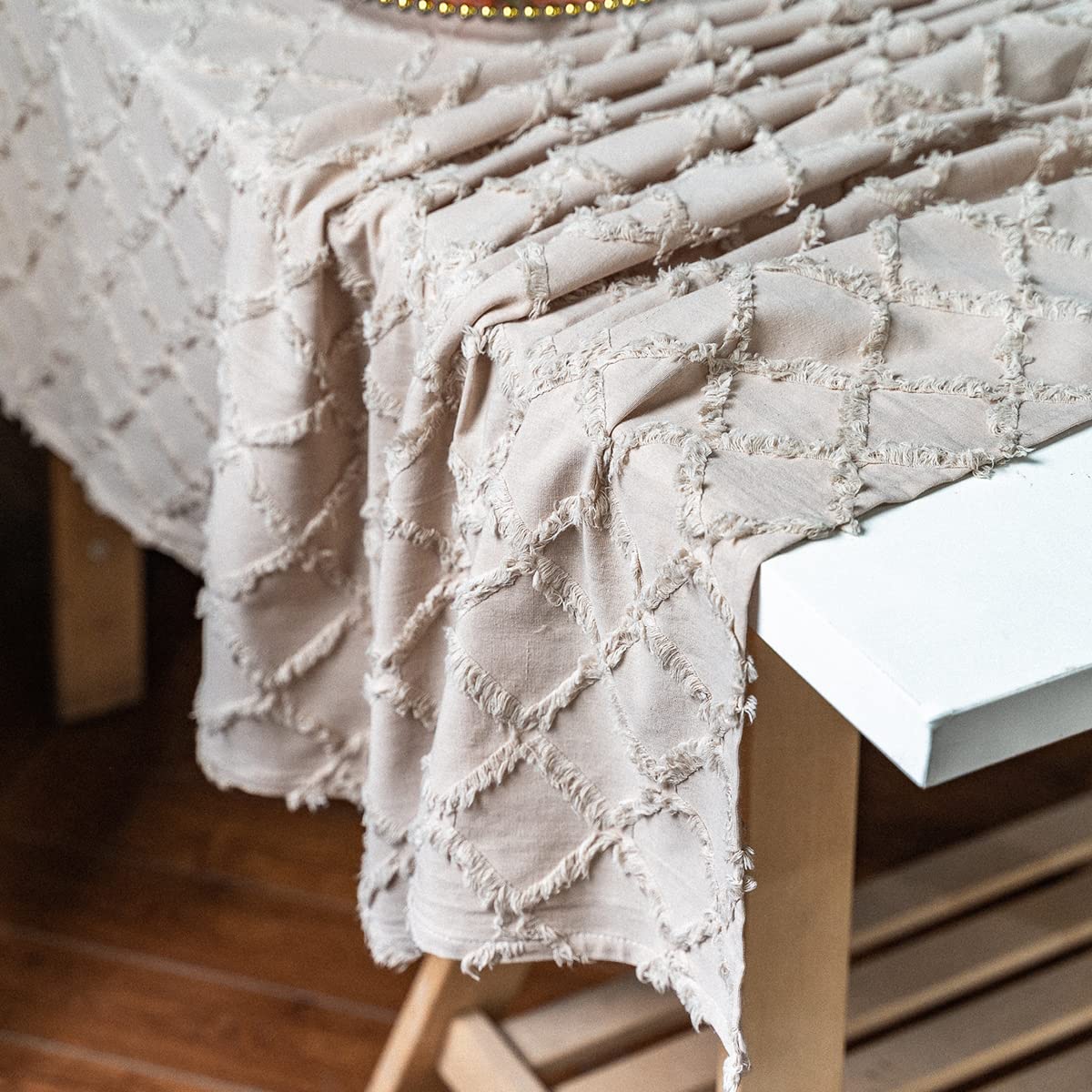 Premium Cotton Linen Tablecloth - Wrinkle & Fade Resistant Rectangle Table Cover for Kitchen, Dining, Party | Washable & Embroidered Decor | Perfect for Holiday Gatherings, Dinner Parties & Everyday Use (Khaki)