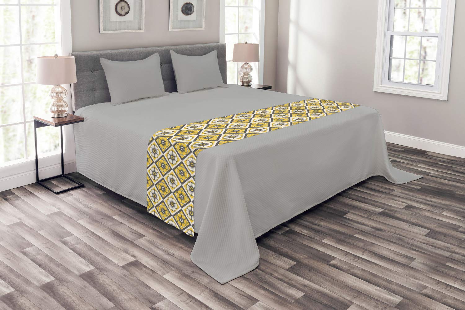 Ambesonne Grey and Yellow Floral Bed Runner - Decorative Rectangular Bed Scarf with Tile Pattern for Hotels, Homes & Guest Rooms - Charcoal Grey & Yellow Accent - Perfect for Spring Bedroom Decor & Hospitality Settings
