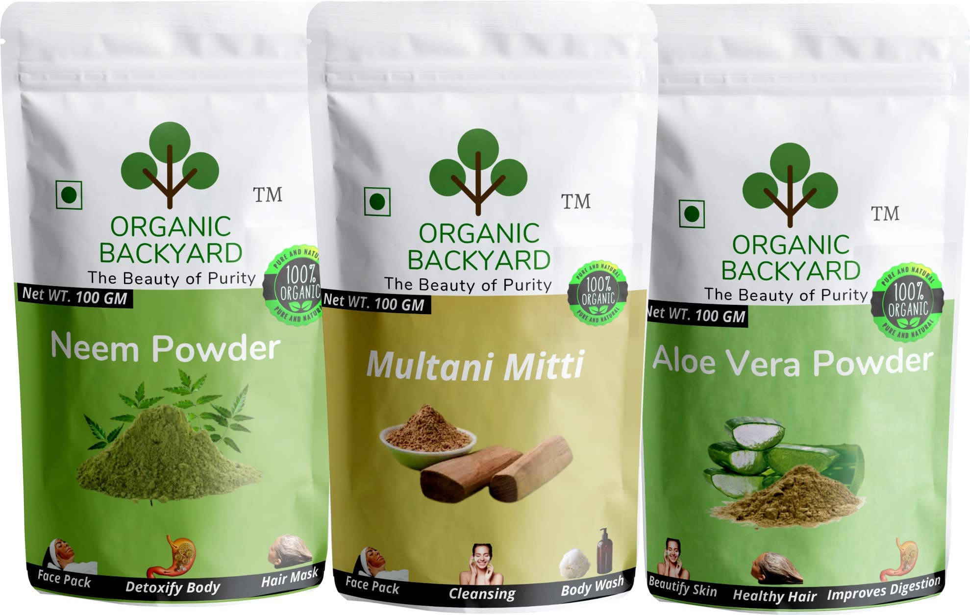 Organic Neem, Aloe Vera & Multani Mitti Powder Combo - 100% Natural Face Care for Glowing Skin (100g Each) - Perfect for DIY Face Masks, Acne Treatment & Skin Detox
