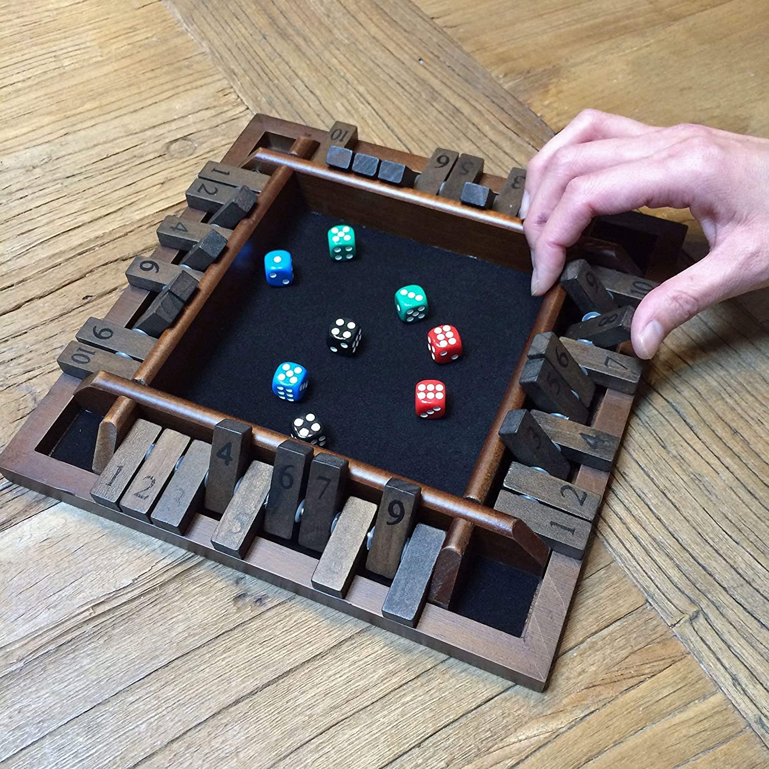 WE Games Shut The Box Wooden Board Game - Classic 4 Player Table Top Math Dice Game for Adults & Family, Walnut Stained 8.5 Inch Travel Size with 10 Numbers - Perfect for Parties, Travel, and Educational Math Learning