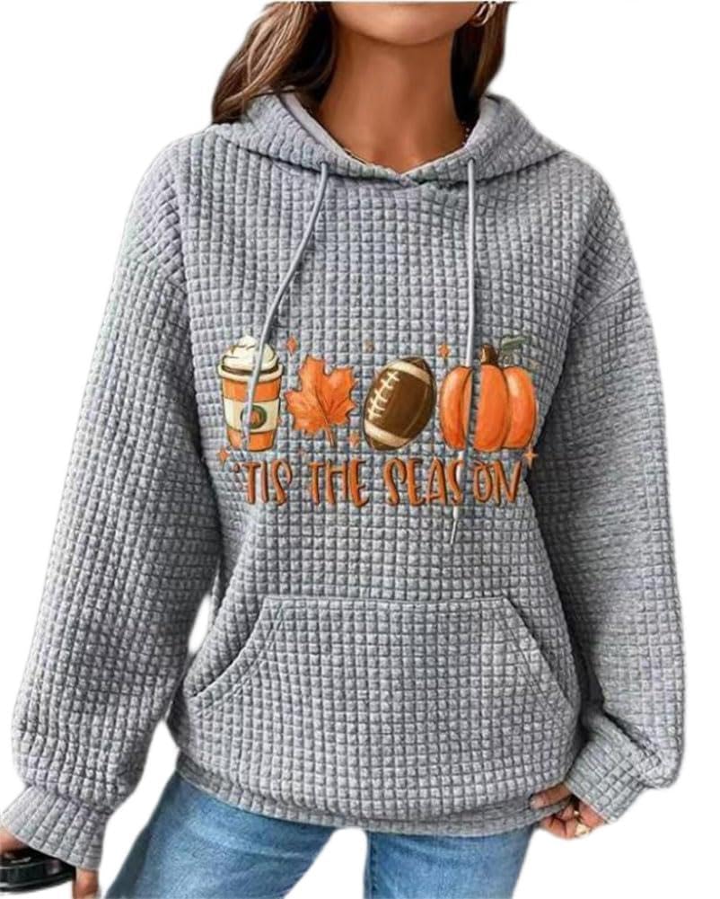 Chvity Women's Pumpkin Printed Waffle Hoodie - Cozy Pullover Sweatshirt with Drawstring & Pocket | Long Sleeve Casual Top for Fall & Winter | Perfect for Holiday Season, Christmas Gifts & Cozy Loungewear