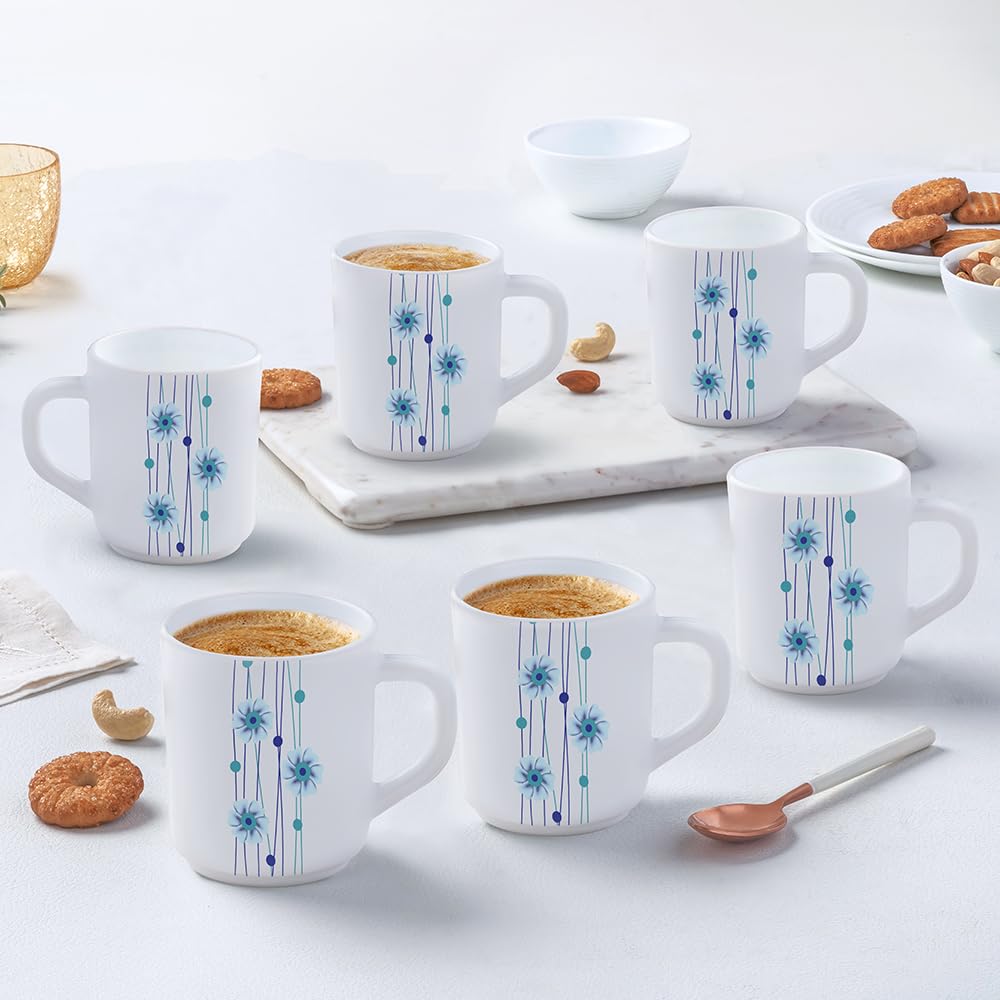 Borosil Bluebell Opalware Tea & Coffee Mugs Set of 6 - 240ml Each, Microwave & Dishwasher Safe, Bone-Ash Free, Durable White Ceramic Cups for Home, Office, Restaurants & Gift Giving