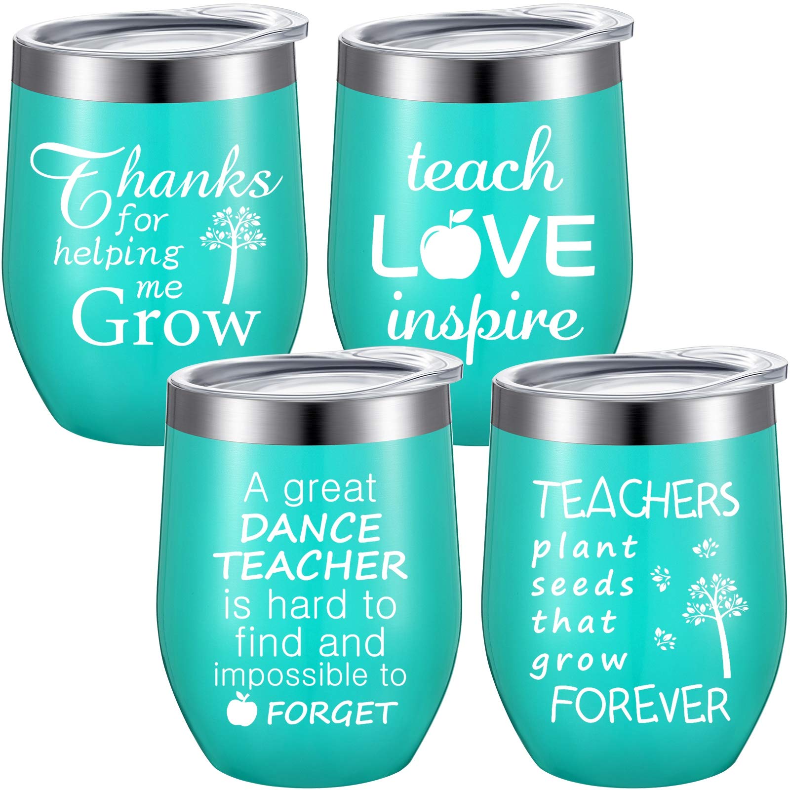 4-Piece Wine Tumbler Set - Best Teacher Appreciation Gifts for Women & Men, Funny Thank You Birthday Graduation Present for Teachers & Professors, 12oz Insulated Coffee Mug with Lid, Straw & Cleaning Brushes (Mint Green) - Perfect for Classroom, Office Use or Holiday Gifts