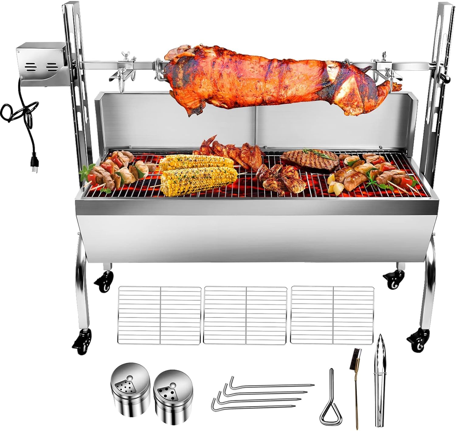 Portable Stainless Steel Charcoal Rotisserie Grill for Whole Pig, Lamb, Goat - 25W Motor with Back Cover Guard & Baffle (176 lbs Capacity) - Perfect for Backyard BBQs, Camping, and Outdoor Parties