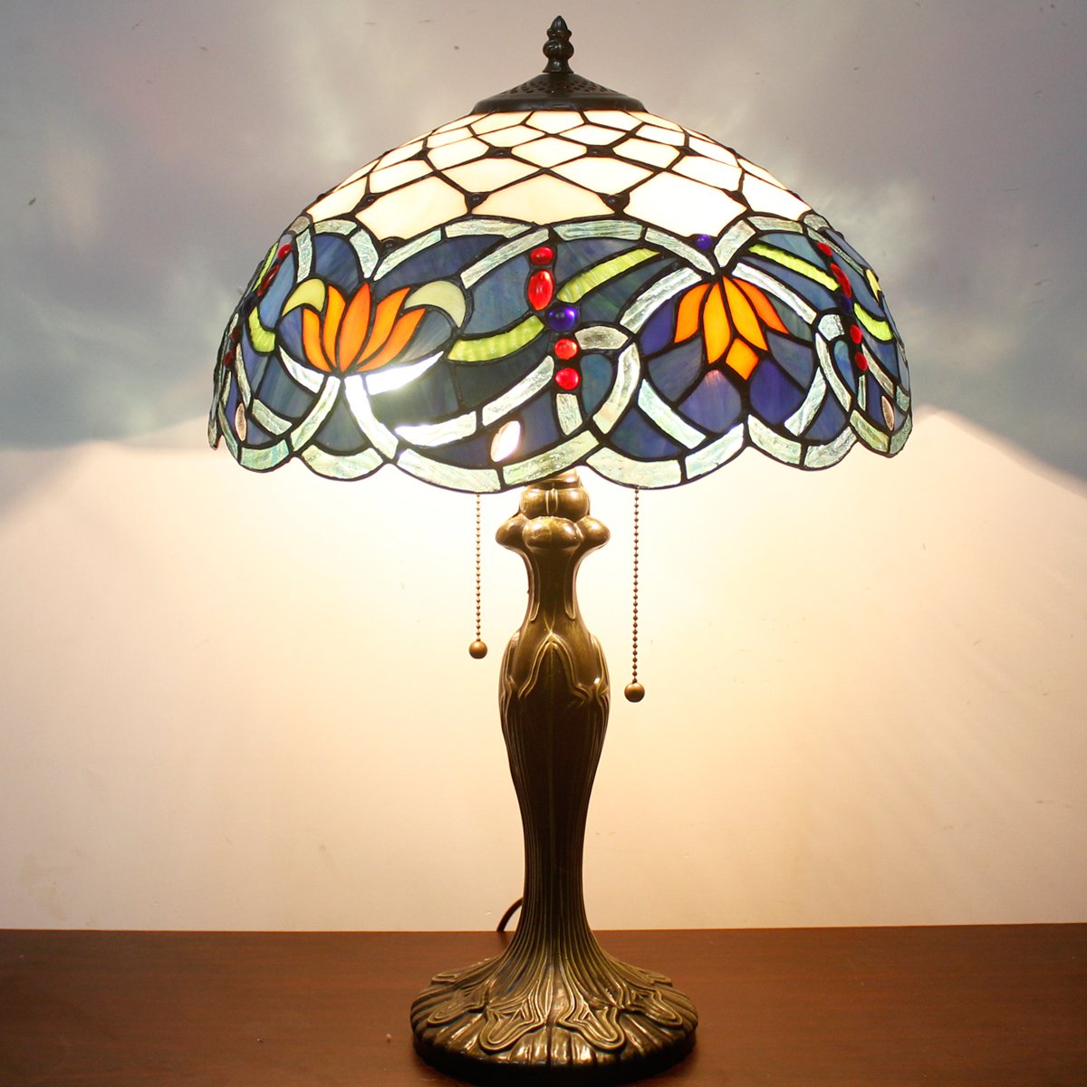 Tiffany Style Stained Glass Table Lamp - Blue Lotus Design, 16x16x24 Inches, Metal Base for Bedroom, Living Room, Home Office (S220 Series) | Perfect for Reading, Nightstand Decor & Cozy Ambiance Lighting