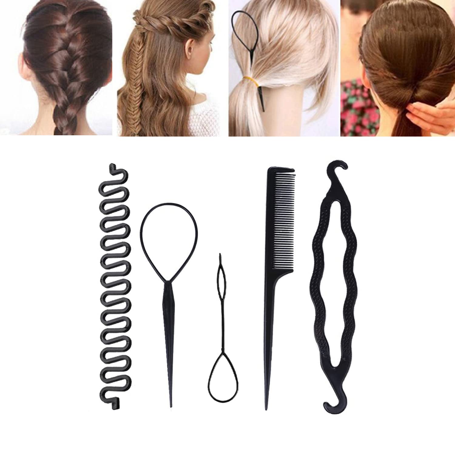 5Pcs Bun Maker Tool Set - Hair Styling & Braiding Tools for Women & Girls - Ponytail Loop Maker, Topsy Comb, Hair Braid Accessories (Black) - Perfect for Home, Salon & Travel Hairstyling