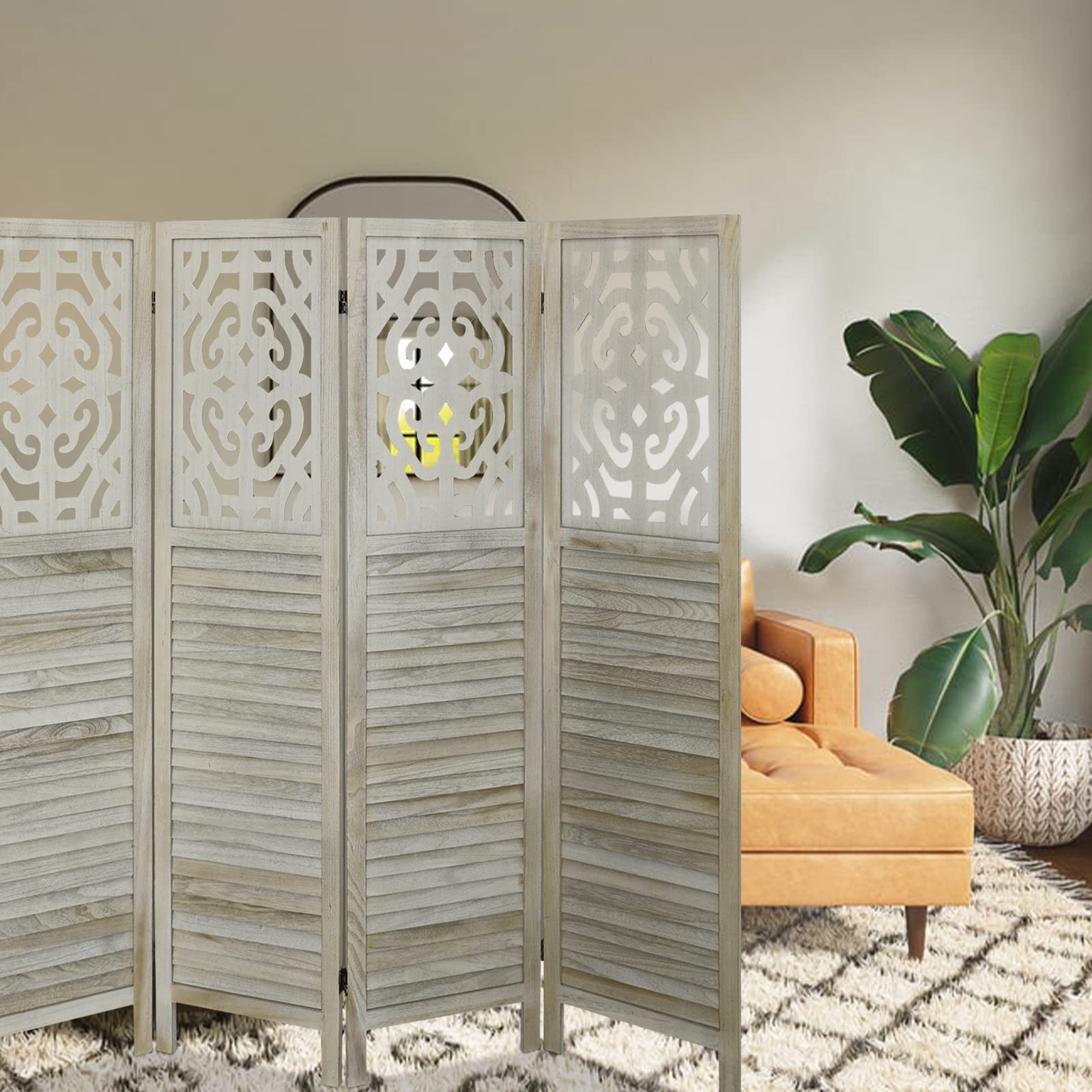 4 Panel Wooden Room Divider with Cutout Design - 5.6 Ft Tall Folding Partition Screen for Home, Office & Bedroom - Portable & Foldable Wall Divider - Classic White - Perfect for Privacy, Space Division & Home Decor