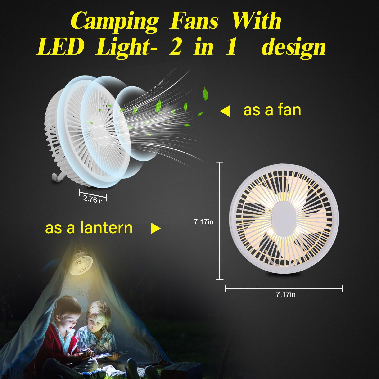 ZKLiLi 7-Inch Rechargeable USB Camping Fan with Light & Remote Control - Portable Hanging Tent Fan for Outdoor Camping, Hiking, and Indoor Desk Use - White