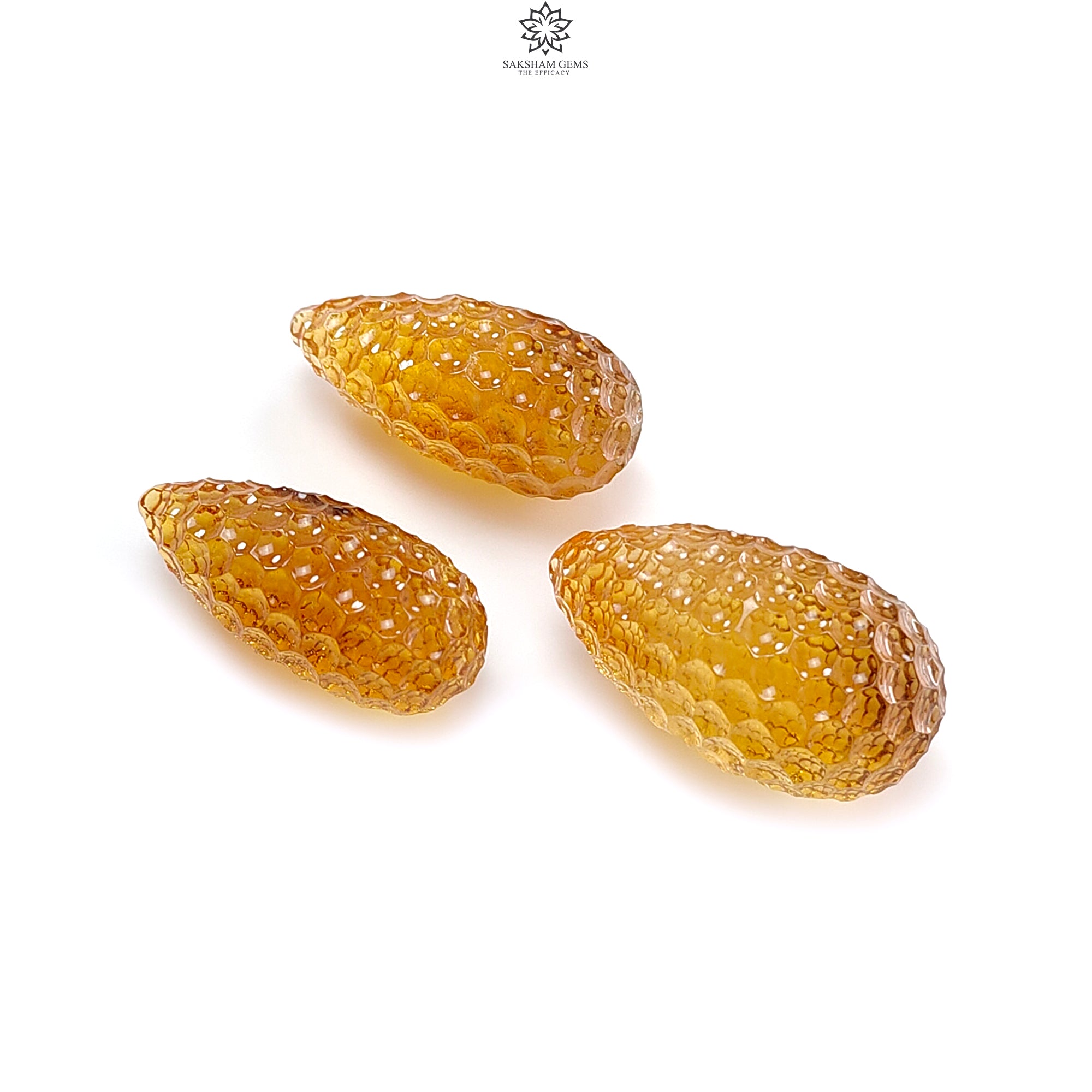 Natural Yellow Citrine Gemstone Carving - 99.30cts Untreated Hand-Carved Teardrop Shape (27mm x 29mm) 3-Piece Set - November Birthstone Jewelry for Necklace, Earrings & Gift Giving