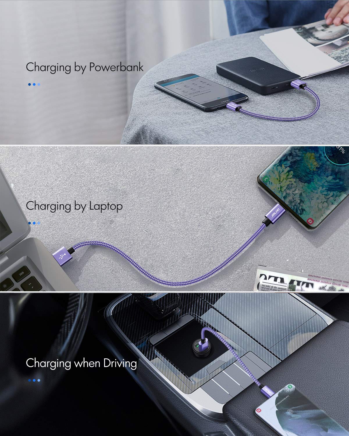 JALIXI 1ft USB C to USB A Fast Charging Cable - Compatible with iPhone 15 Pro Max, Samsung Galaxy S24/S23/S21/S20 Ultra/S10, A55/A35/A25/A15, Google Pixel, Motorola, Power Banks - Short Purple Charger for Home, Office & Travel