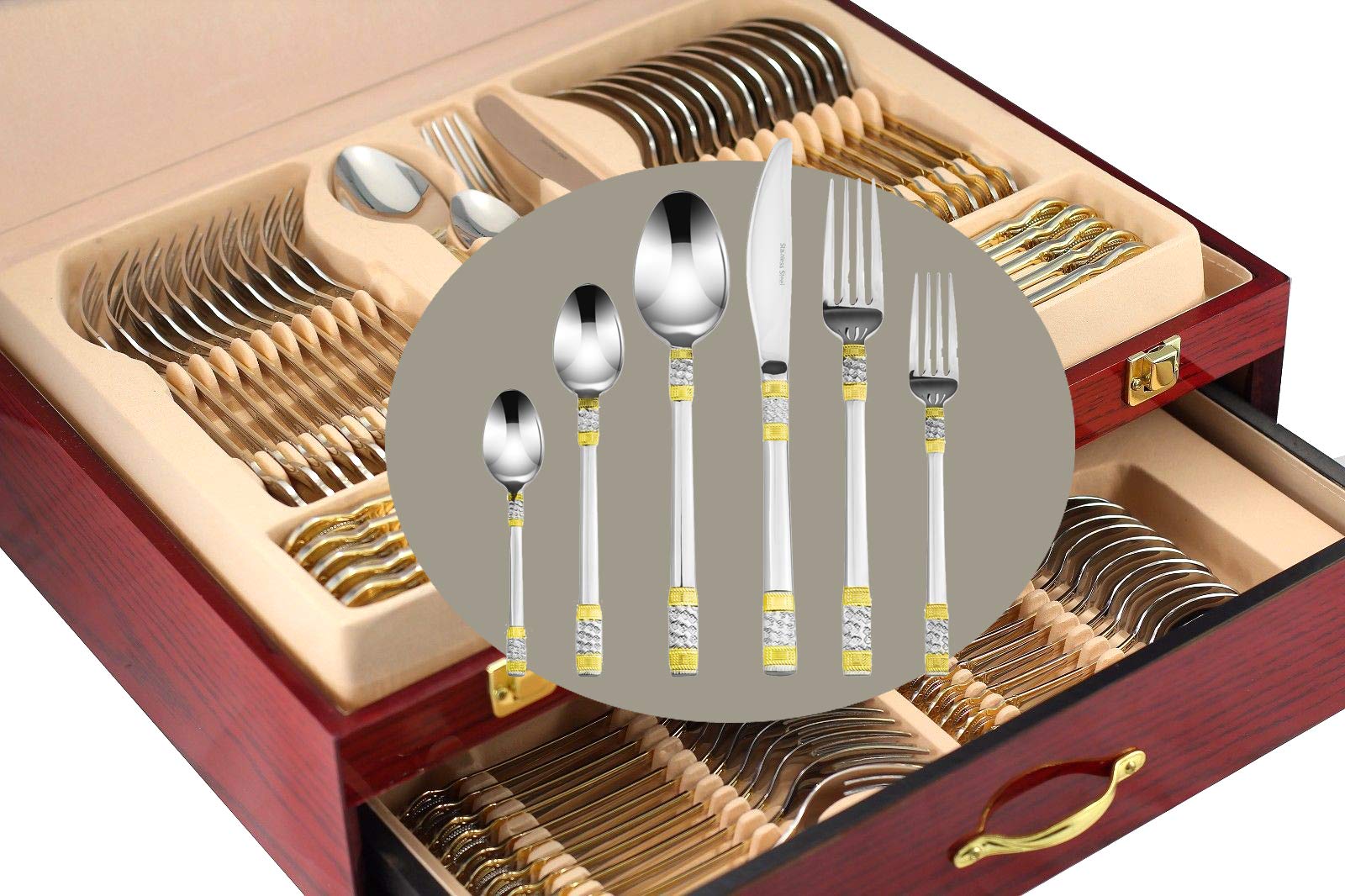 Venezia Collection 75-Piece Gold Flatware Set for 12 - 24Kt Gold Plated 18/10 Surgical Stainless Steel Luxury Silverware Cutlery with Wooden Storage Case - Perfect for Formal Dining, Wedding Gifts & Hostess Entertaining