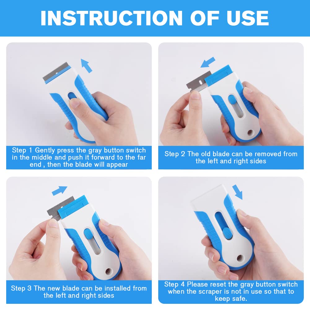 Premium Stainless Steel Razor Blade Scraper - 20PCS Replacement Blades Included - Multi-Purpose Cleaning Tool for Stickers, Labels, Caulk & Paint Removal - Ideal for Glass Cooktops, Windows & DIY Projects (Grey & Blue)