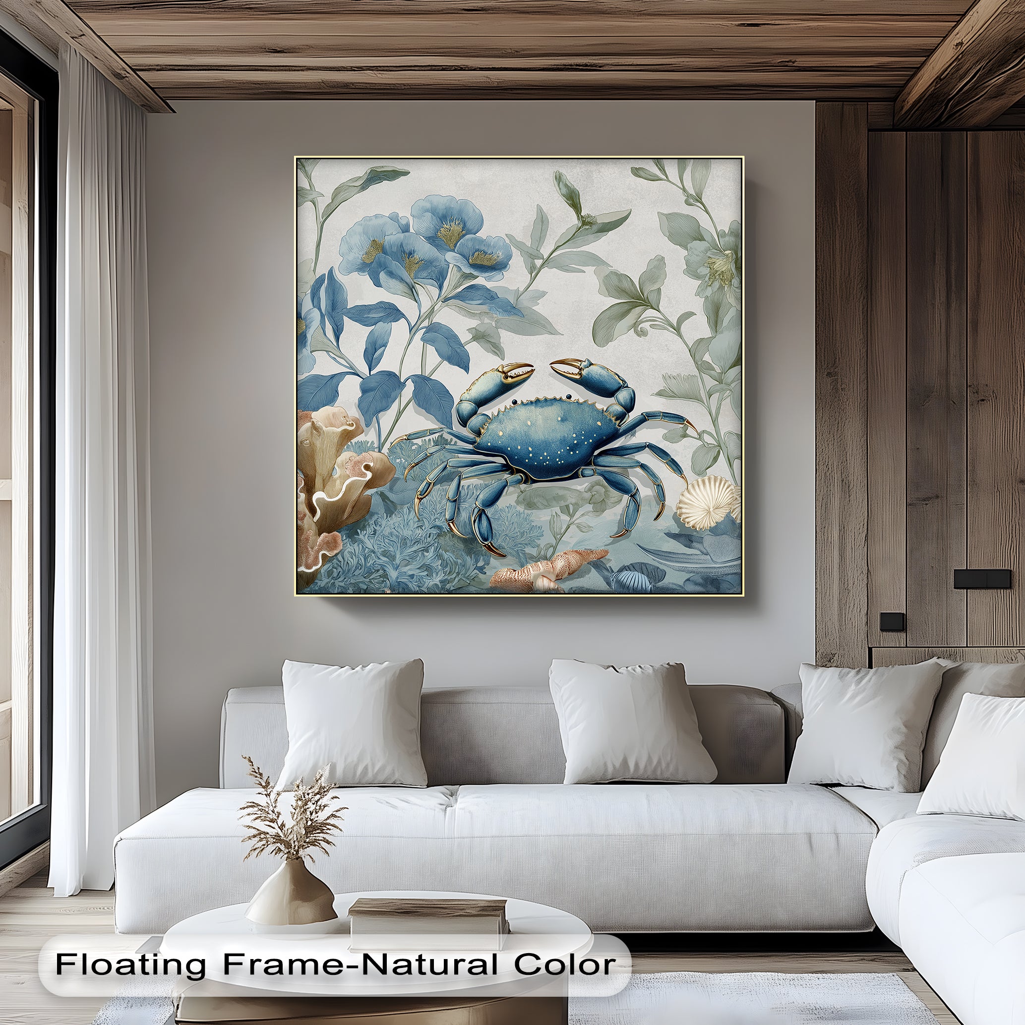 Blue Crab in Botanical Reef - Coastal Nature Canvas Print Wall Art | Beach House Decor, Ocean Themed Living Room, Coastal Bedroom Decor